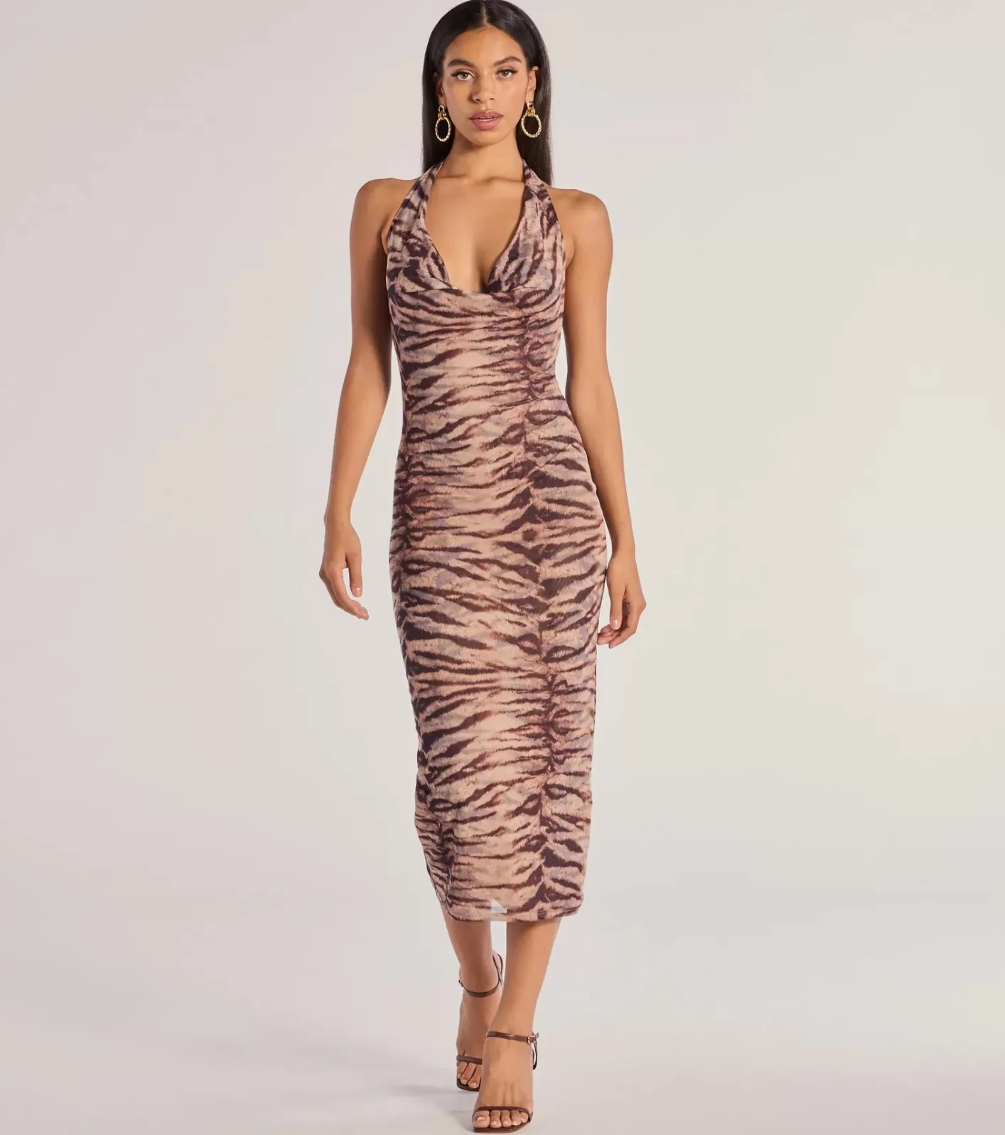 Windsor Sultry And Sassy Zebra Print Halter Midi Dress BROWN Sale
