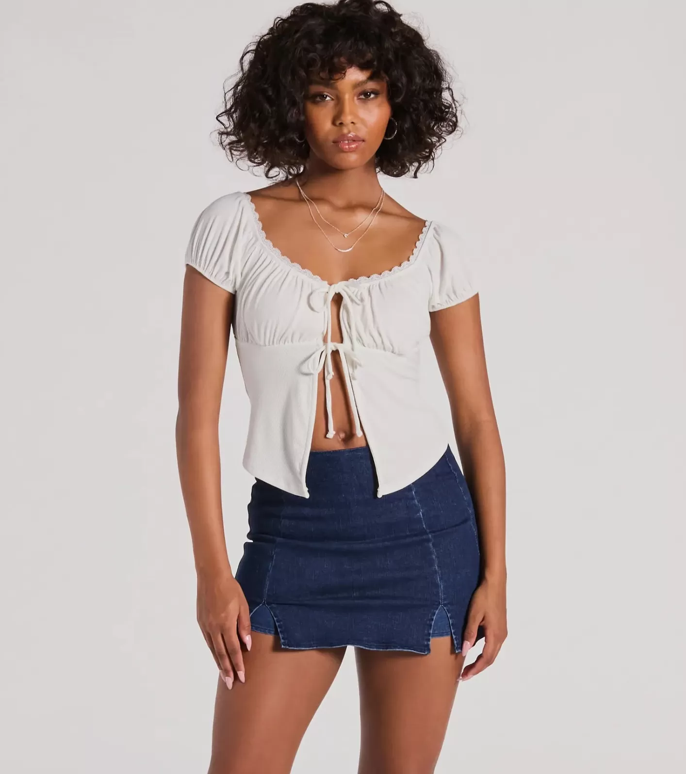 Windsor Sultry Example Tie-Front Lace Trim Crop Top WHITE Cheap