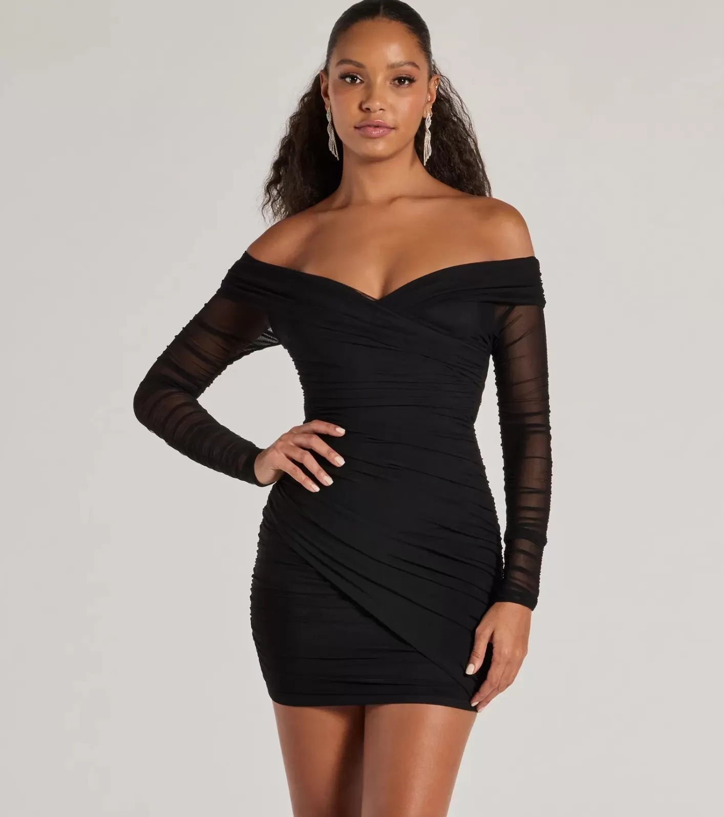 Windsor Sultry Looks Mesh Off-The-Shoulder Bodycon Mini Dress BLACK New