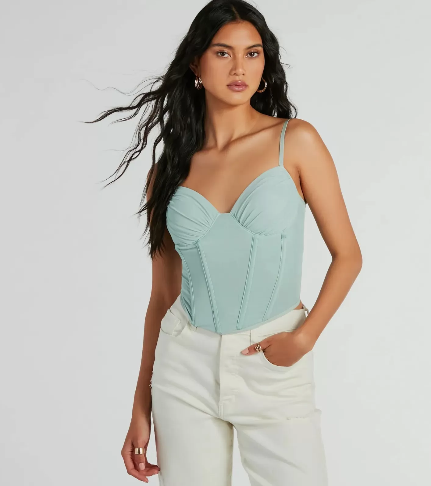 Windsor Sultry Perfection Mesh Cropped Bustier Top SAGE New