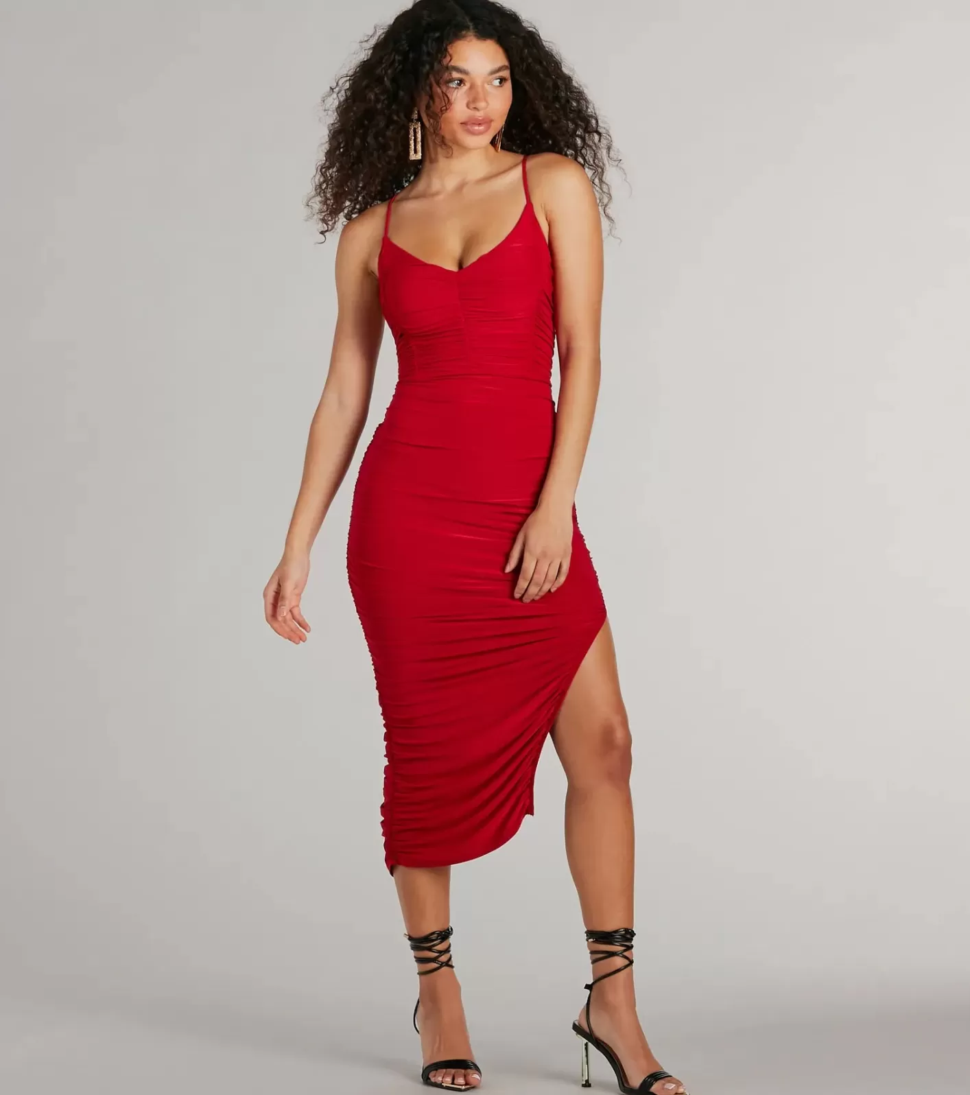 Windsor Sultry Status High Slit Ruched Bodycon Midi Dress RED Best Sale