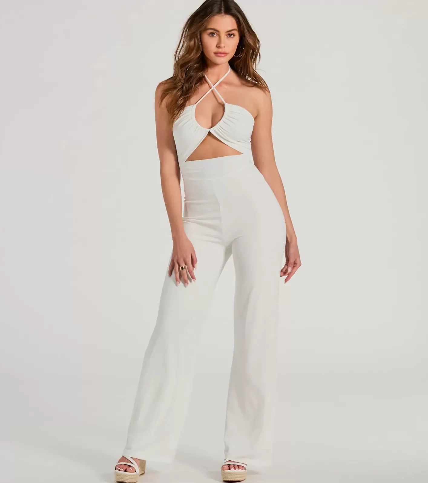 Windsor Sultry Style Halter Cutout Wide-Leg Jumpsuit IVORY Discount
