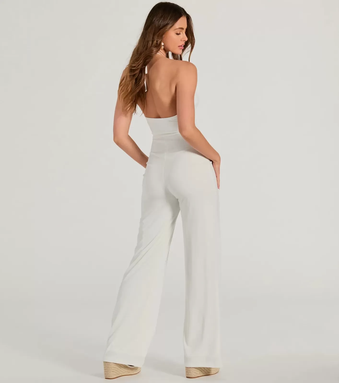 Windsor Sultry Style Halter Cutout Wide-Leg Jumpsuit IVORY Discount