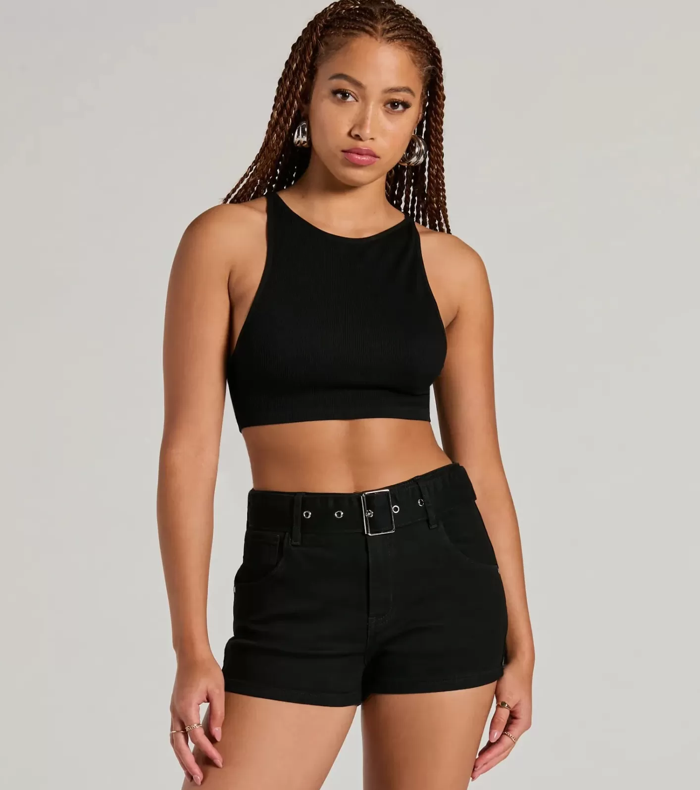 Windsor Summer Girlie Mid Rise Belted Denim Shorts BLACK Cheap