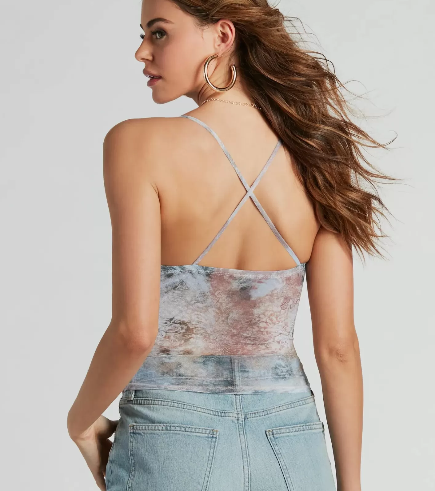 Windsor Sunset Dream Scroll Print Mesh Corset Top LIGHTBLUE Fashion