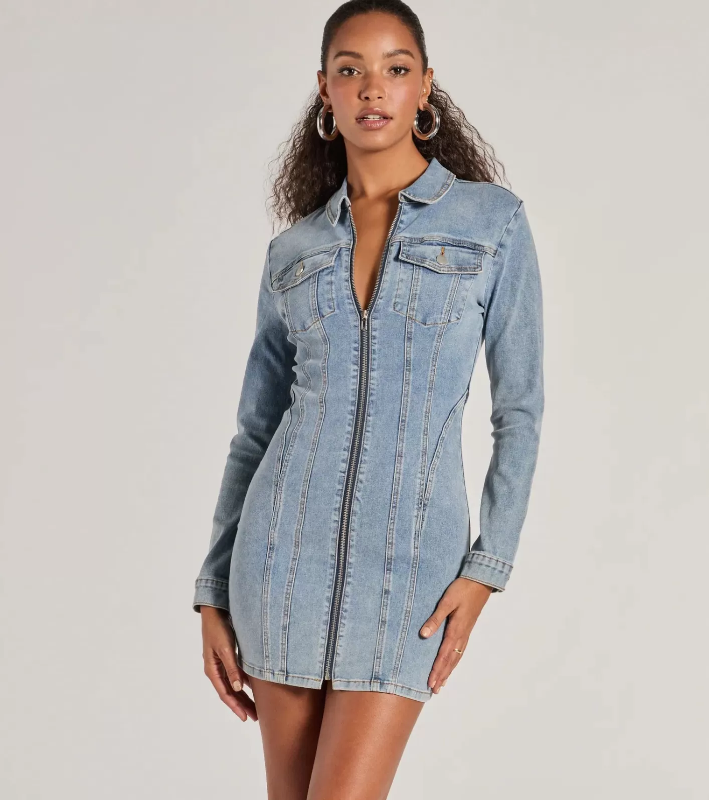 Windsor Sweet Looking Long Sleeve Mini Dress DENIM Best Sale