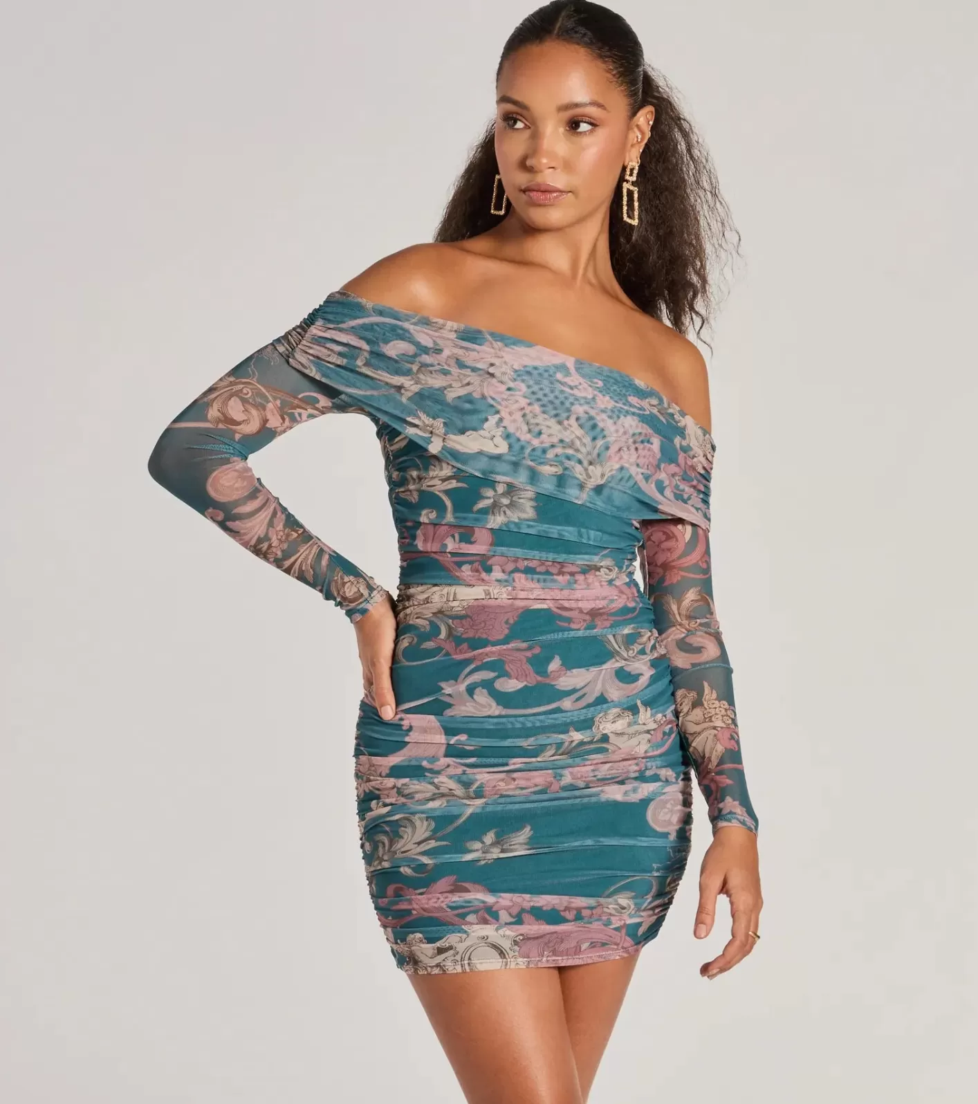 Windsor Sweet Off-The-Shoulder Grecian Print Mini Dress TEAL Cheap