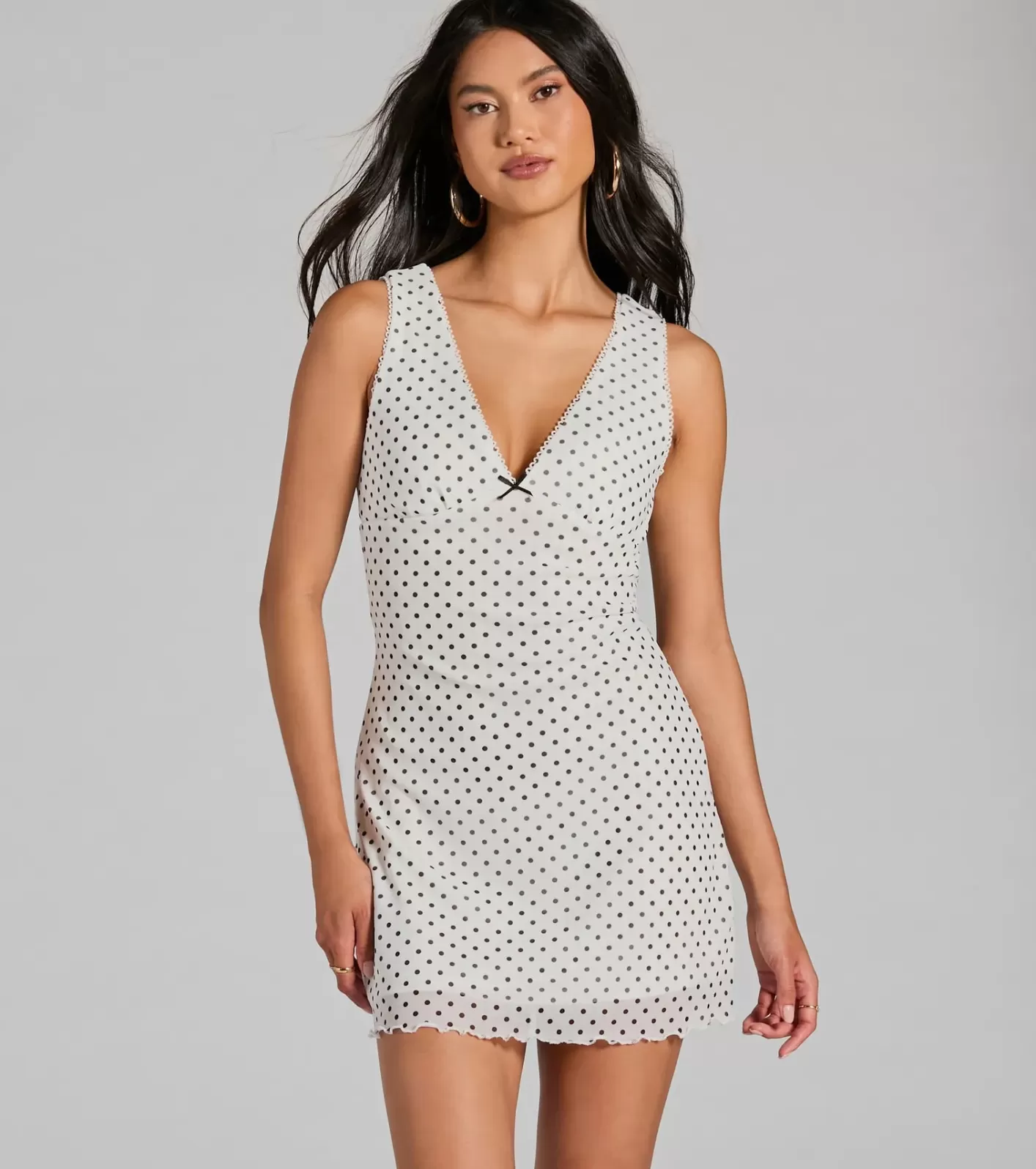 Windsor Sweet Style Bow Detail Polka Dot Mesh Mini Dress WHITE Fashion