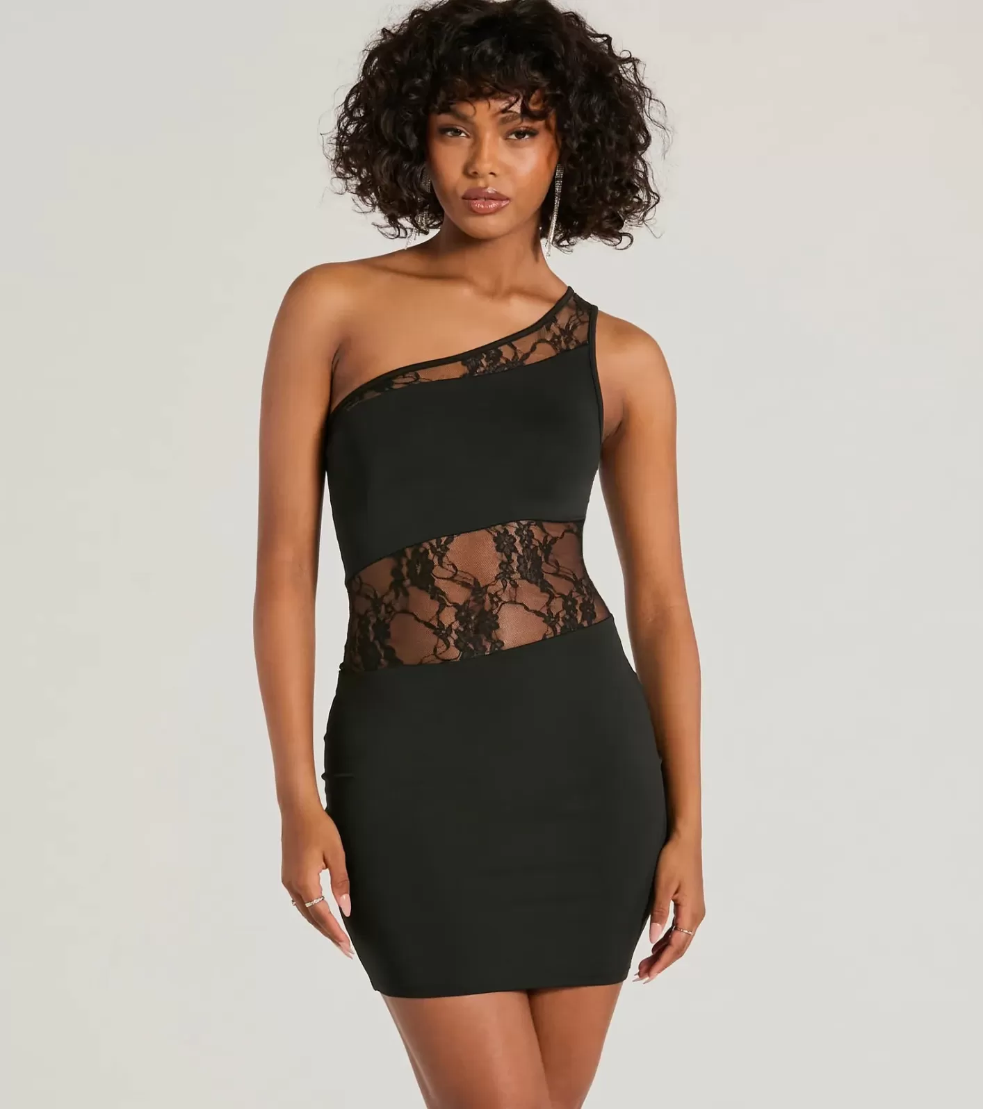 Windsor Sweet Yet Sexy One-Shoulder Lace Mini Dress BLACK Discount
