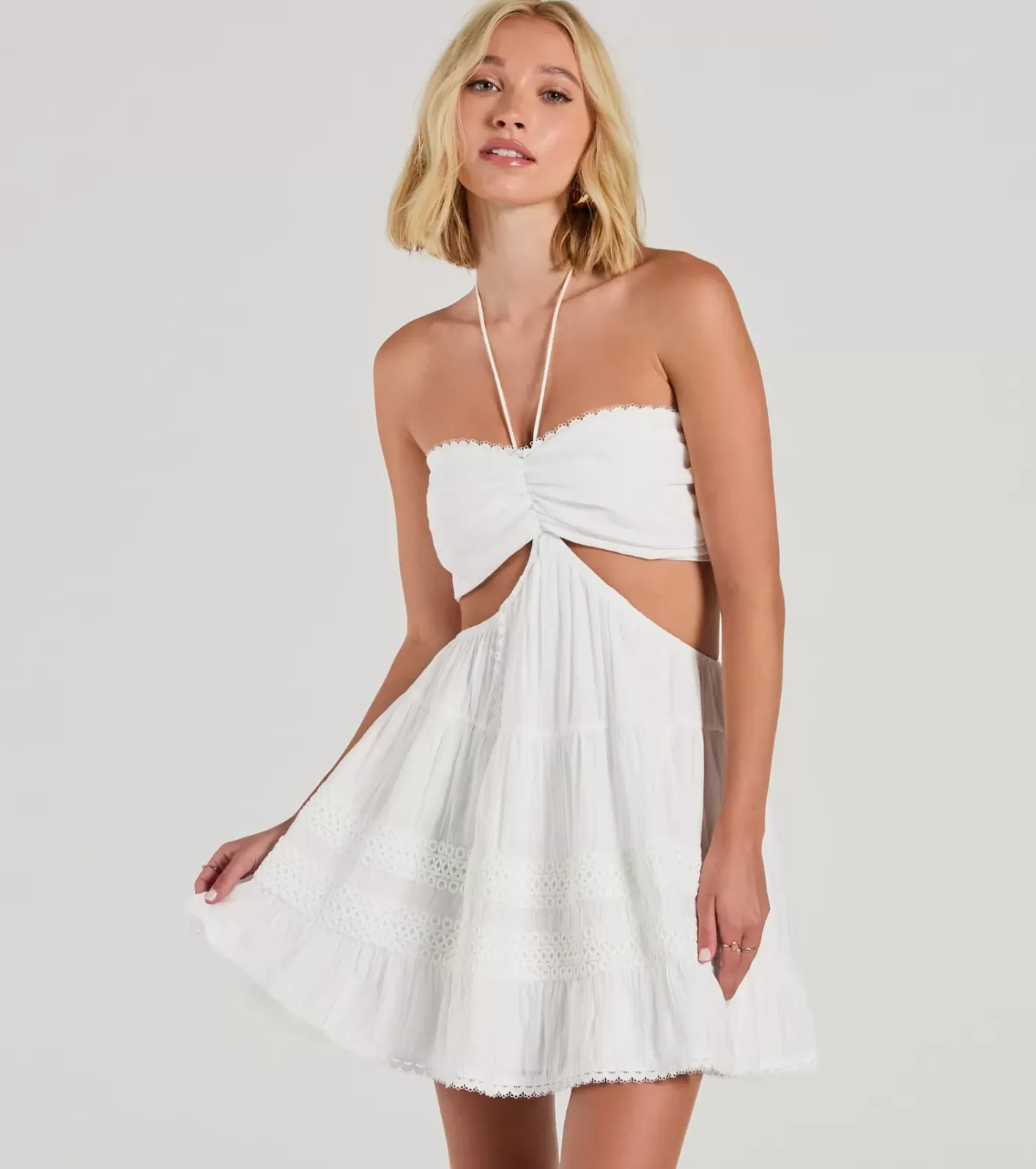 Windsor Sweetie Status Halter Crochet Trim Babydoll Dress WHITE Discount