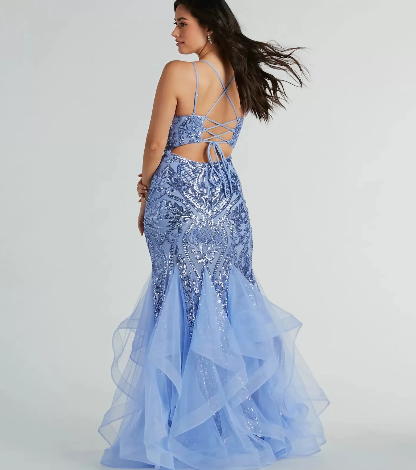Windsor Sylvia Lace-Up Mermaid Tulle Ruffle Sequin Dress PERIWINKLE Discount