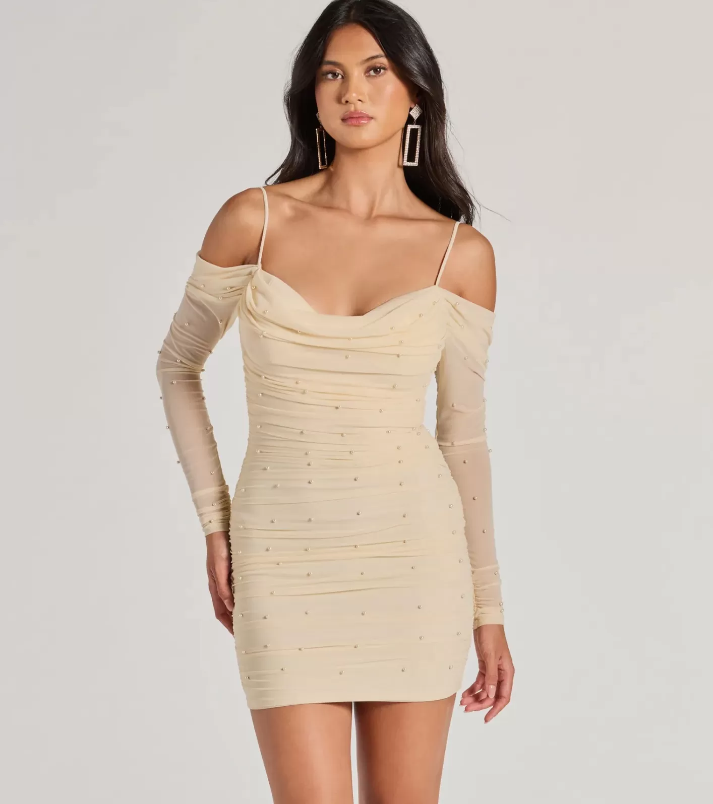 Windsor Talia Pearl Mesh Cold-Shoulder Mini Dress IVORY Shop