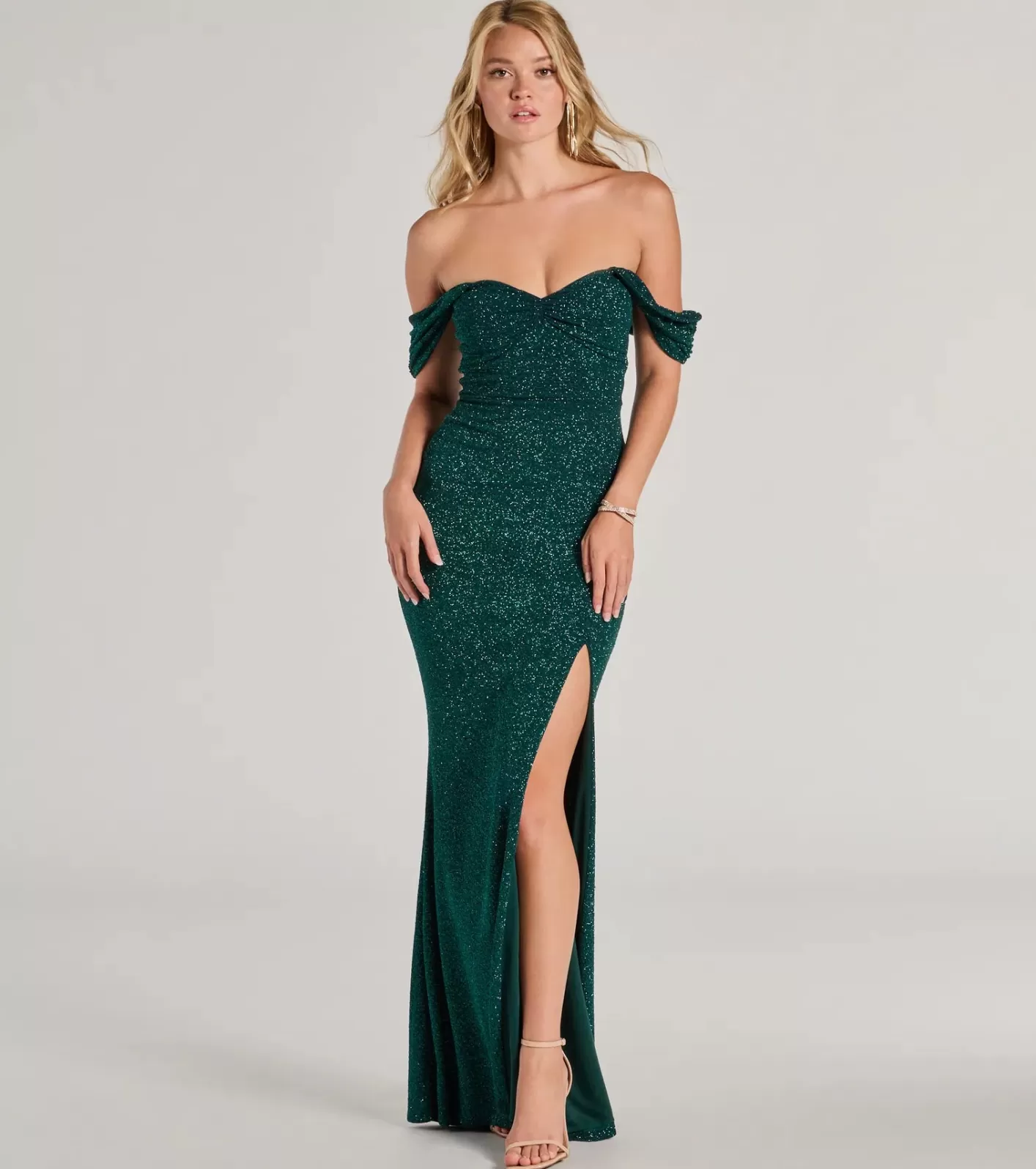 Windsor Tamara Off-The-Shoulder Mermaid Glitter Formal Dress HUNTER Fashion