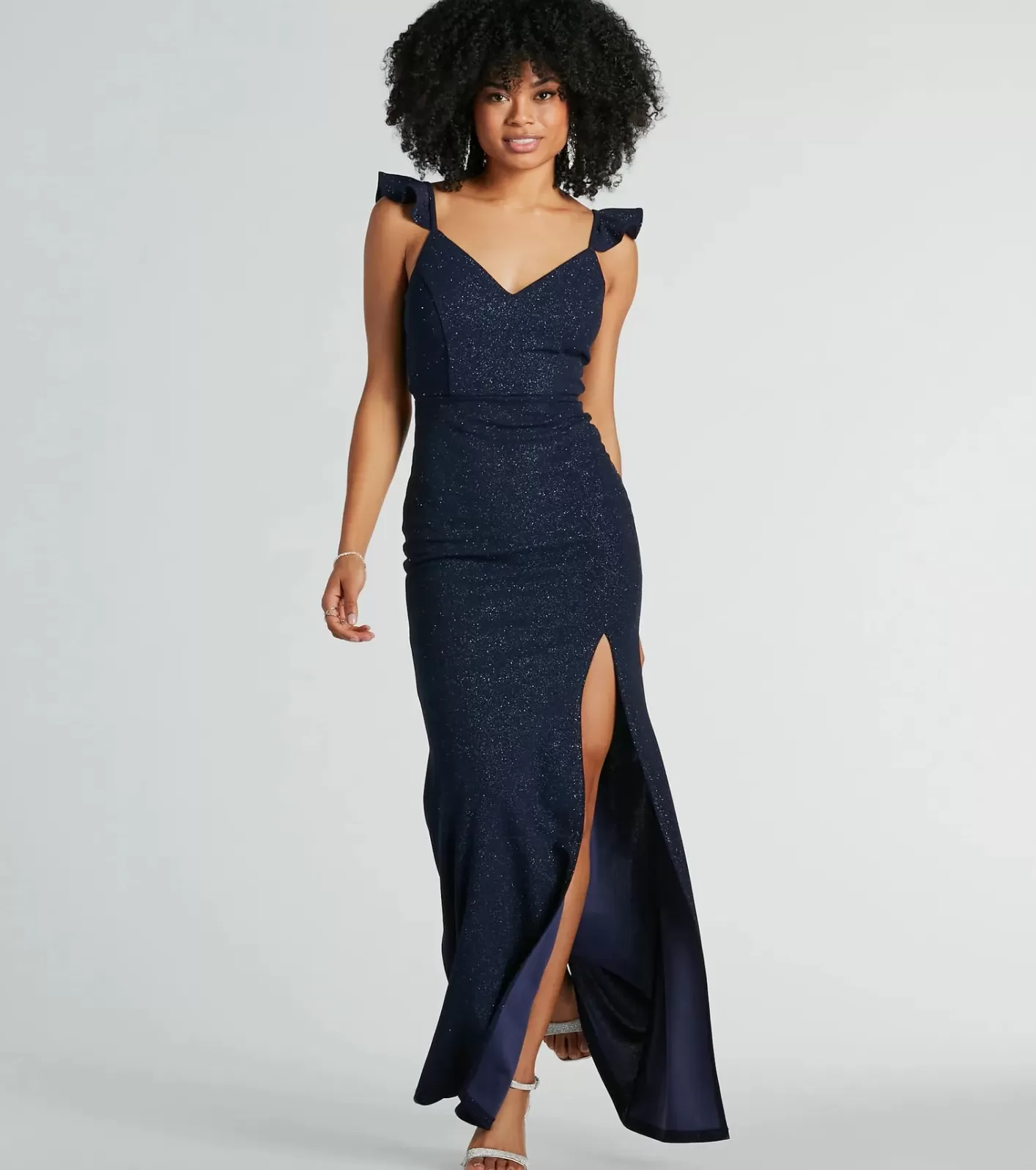 Windsor Tamera V-Neck Ruffle Mermaid Glitter Formal Dress NAVY New