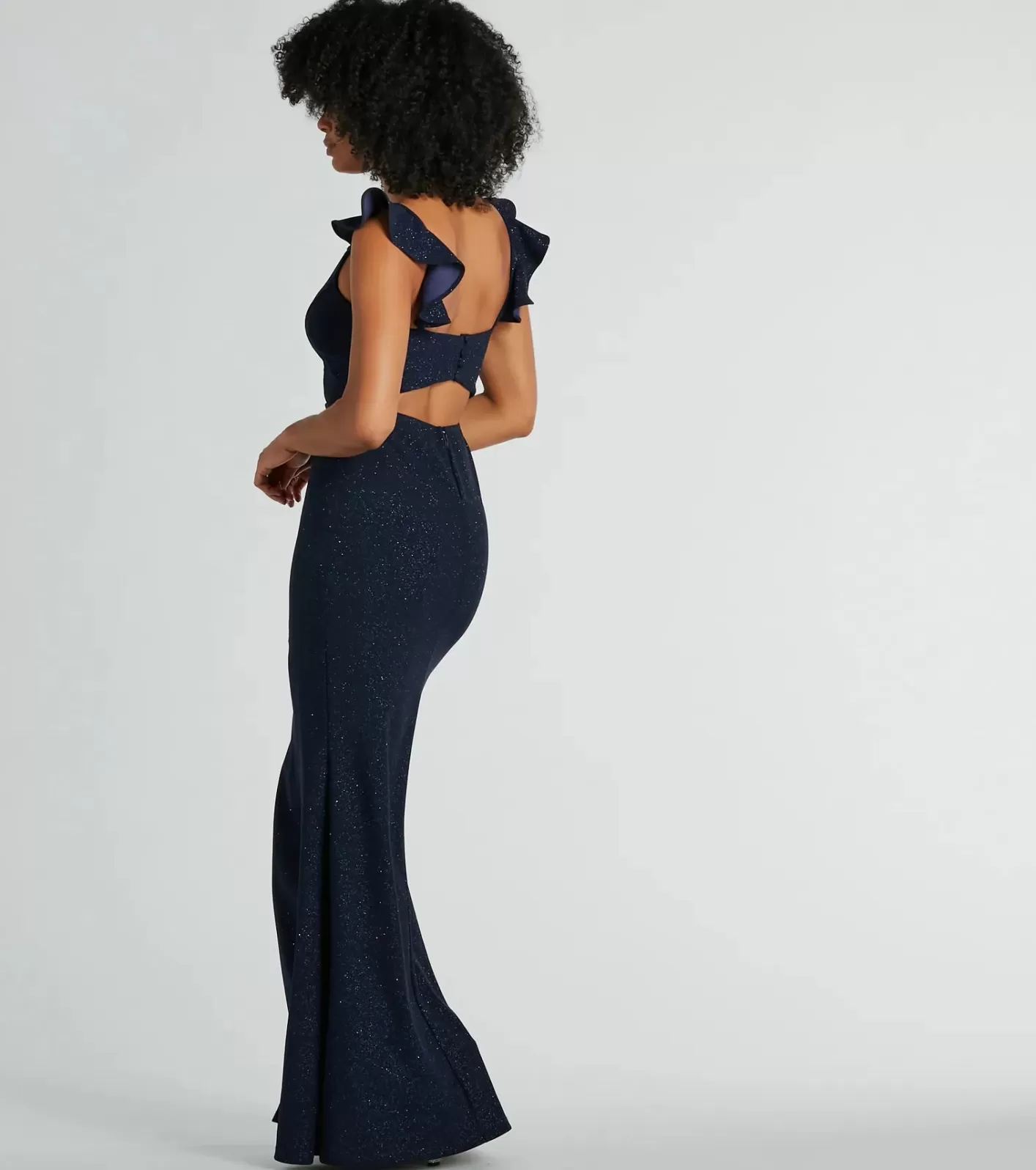 Windsor Tamera V-Neck Ruffle Mermaid Glitter Formal Dress NAVY New