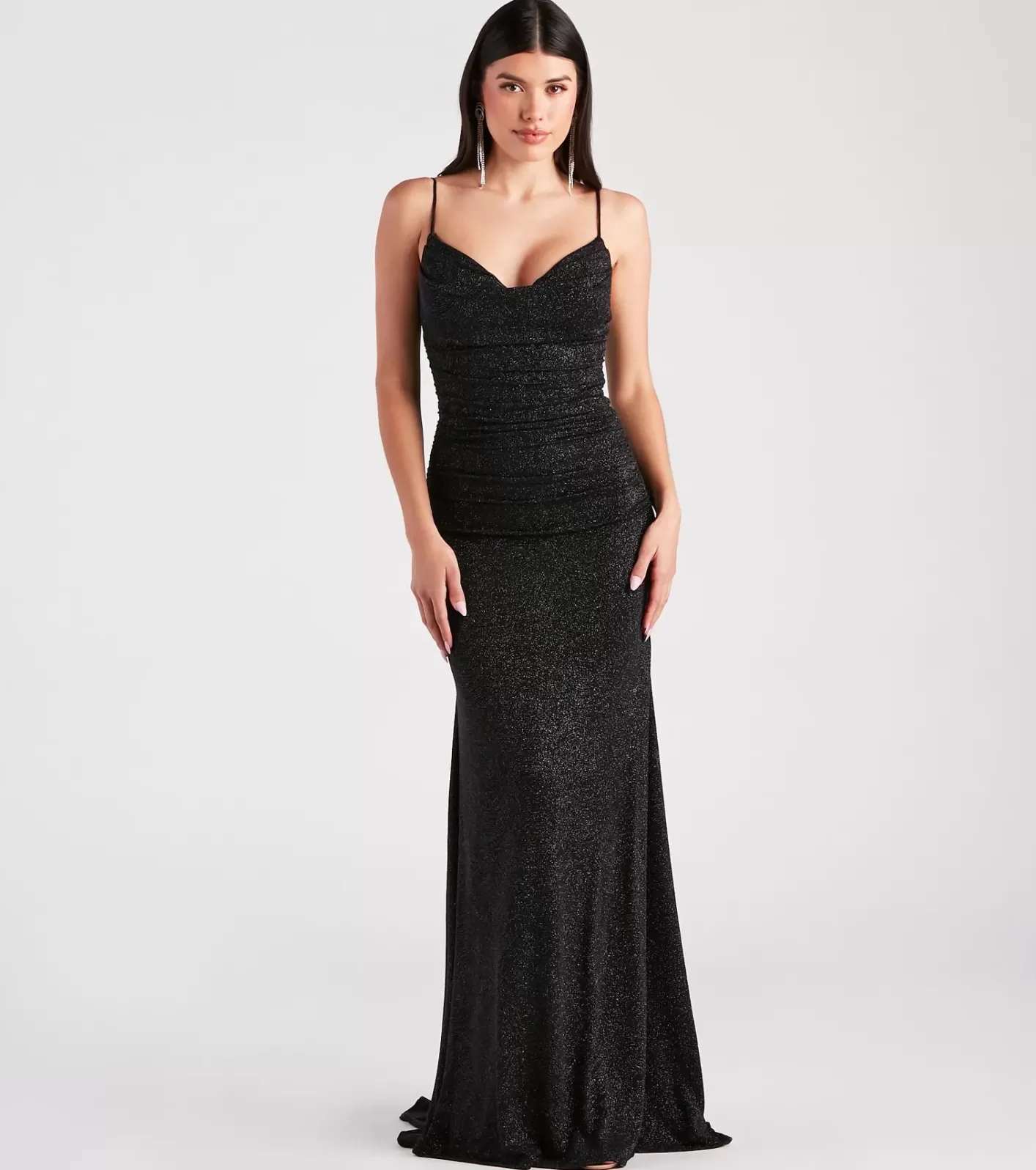 Windsor Tamora Formal Glitter Plunge Mermaid Dress BLACK Cheap
