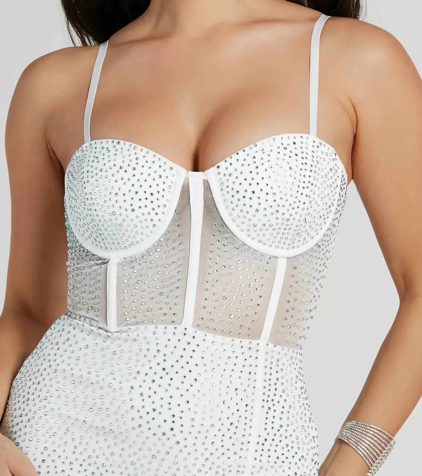 Windsor Taylor Corset Rhinestone Mesh Formal Dress WHITE Best Sale