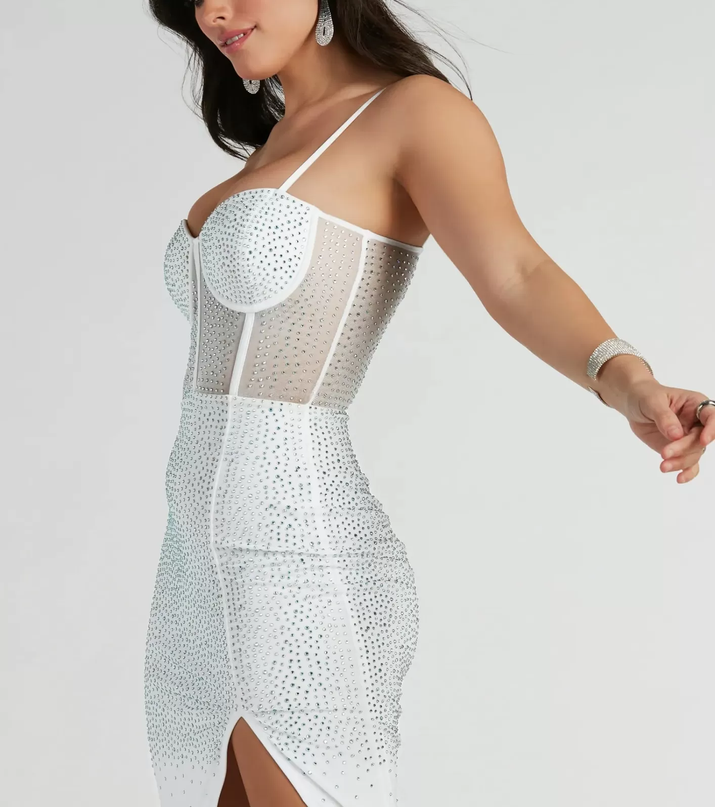 Windsor Taylor Corset Rhinestone Mesh Formal Dress WHITE Best Sale