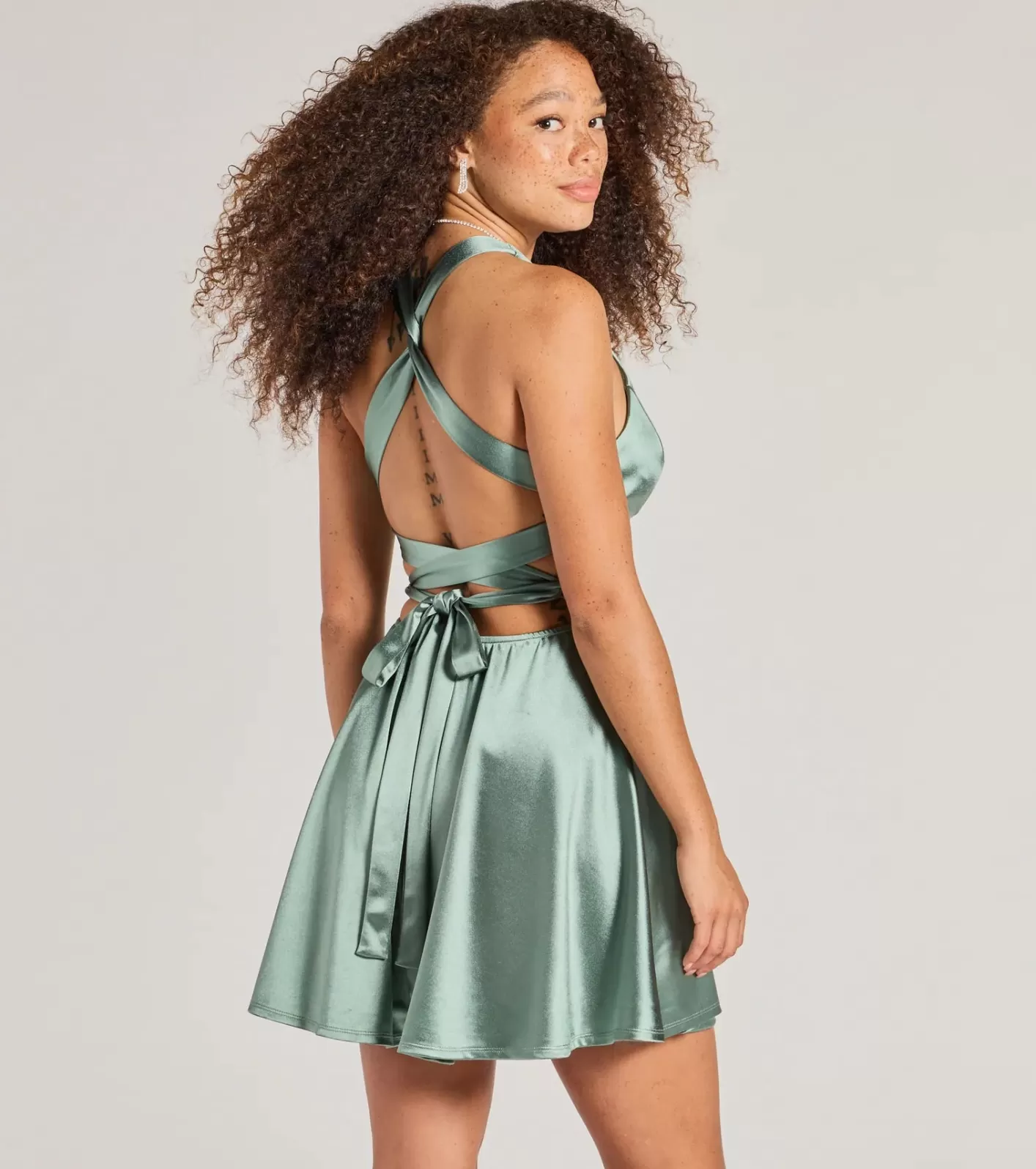 Windsor Taylor Lace-Up Skater Satin Party Dress SAGE Best Sale