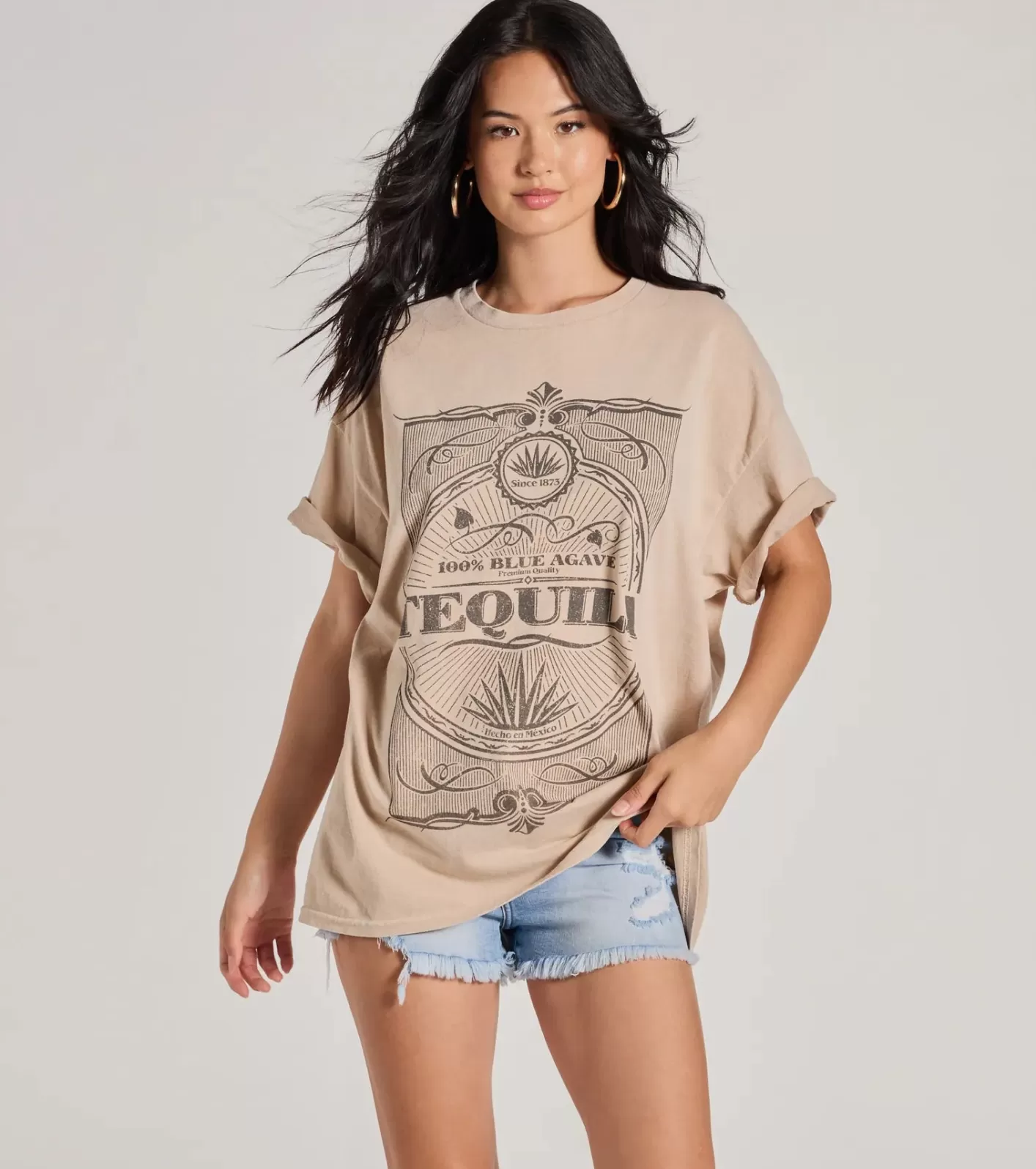 Windsor Tequila Time Oversized Graphic Tee TAUPE Cheap