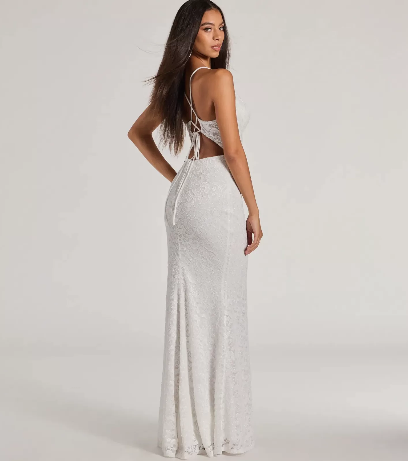 Windsor Teresa Lace Up Corset Mermaid Lace Formal Dress WHITE Clearance