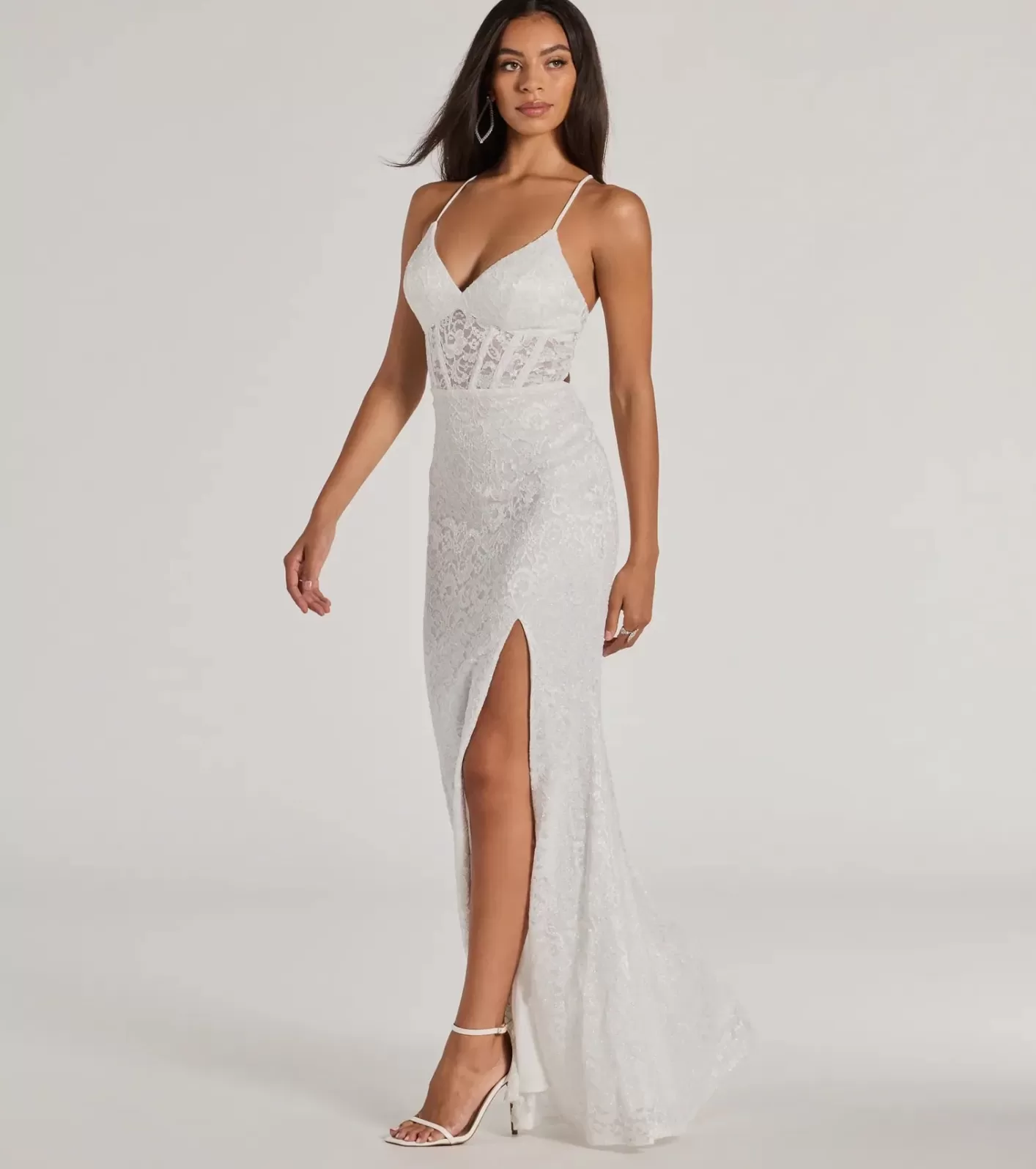 Windsor Teresa Lace Up Corset Mermaid Lace Formal Dress WHITE Clearance
