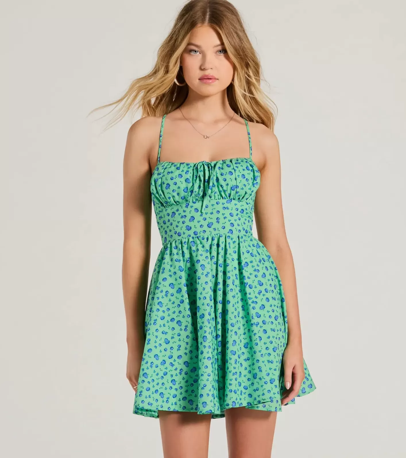 Windsor Think About Me Lace-Up Floral Skater Dress GREEN Best Sale