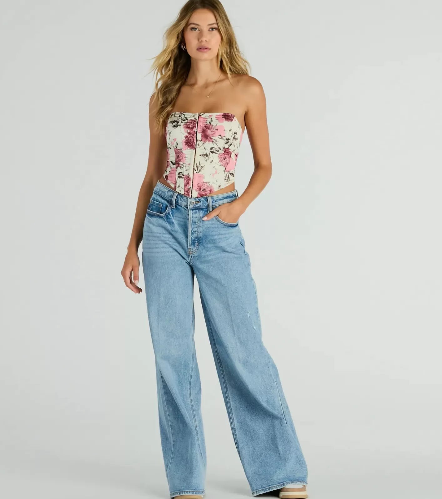 Windsor Time To Bloom Satin Floral Lace-Up Corset Top NATURAL Best