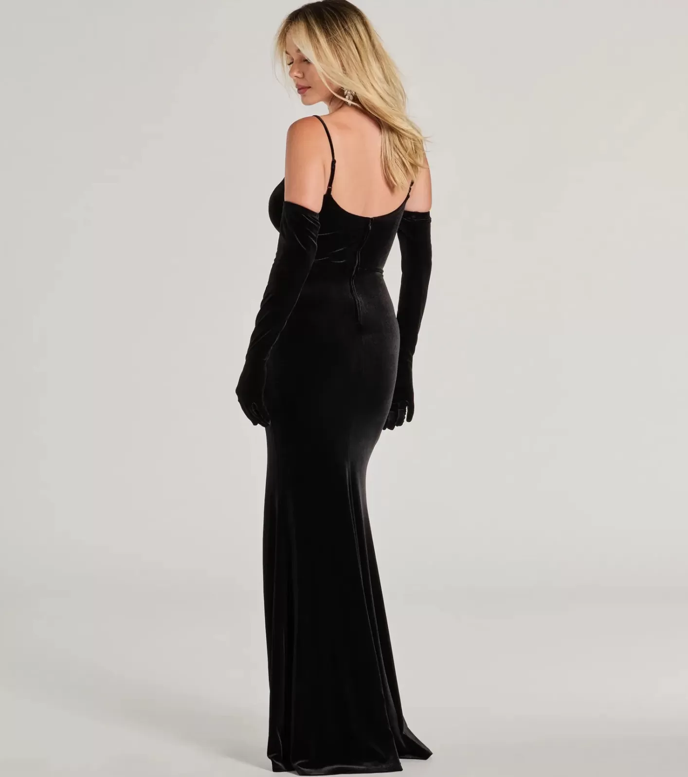 Windsor Tina Rhinestone Bow Velvet Formal Dress With Gloves BLACK Discount