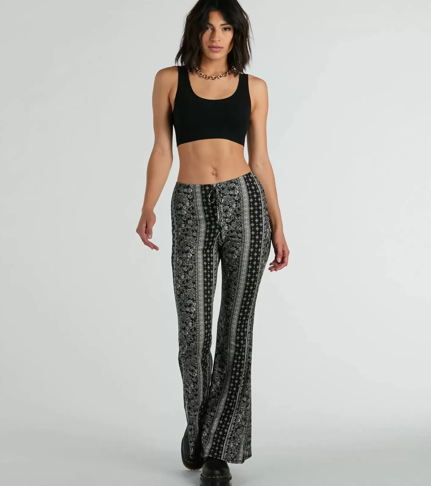 Windsor To The Sky Boho V-Waist Tie Flare Pants BLACK Best Sale