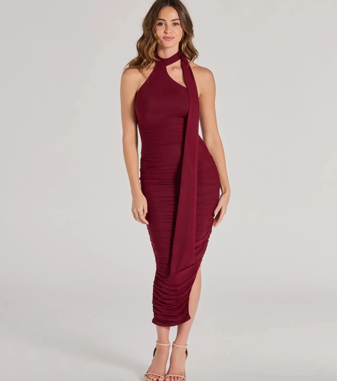 Windsor Total Allure Mock Neck Side Slit Midi Dress WINE New