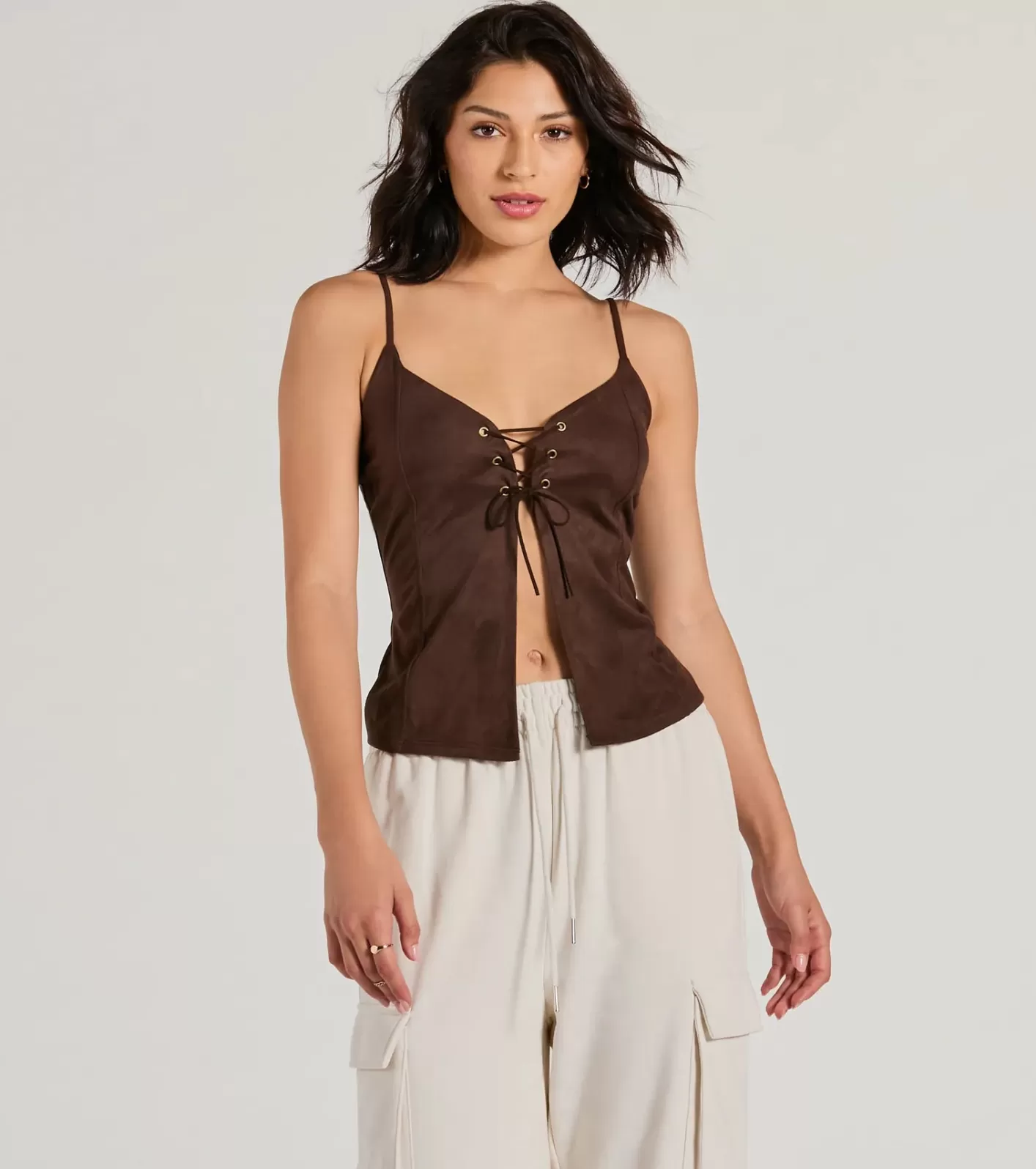 Windsor Treasured Trend Lace-Up Slit Crop Tank Top BROWN Cheap
