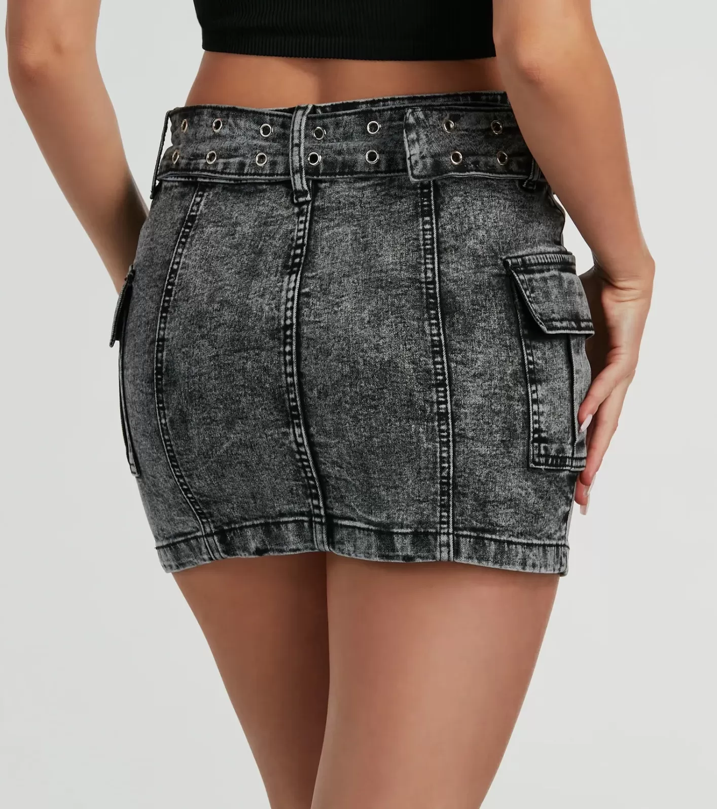 Windsor Trendsetting Aesthetic Belted Denim Mini Skirt BLACK New