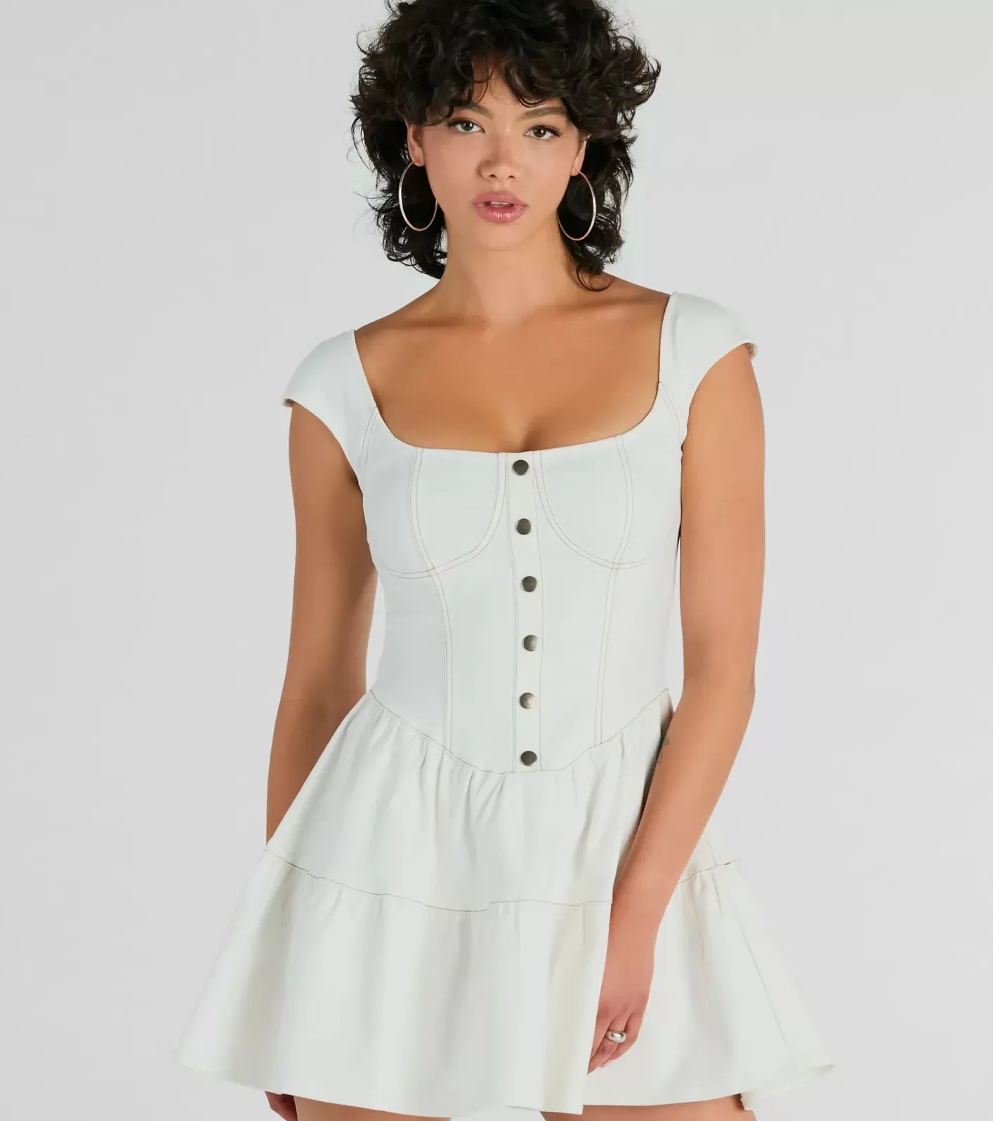 Windsor Trendsetting Effect Ruffled Denim Skater Dress WHITE Flash Sale