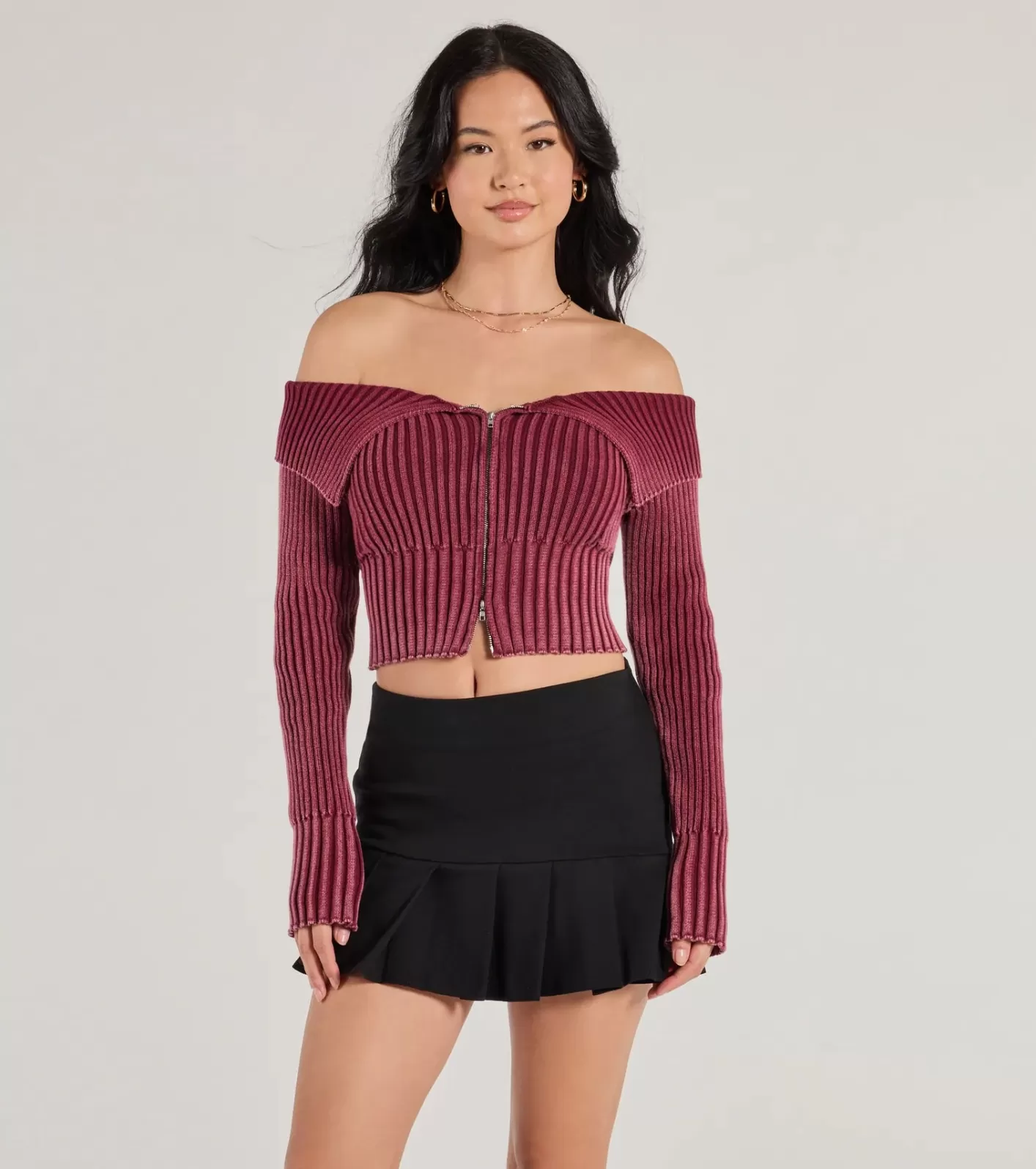 Windsor Trendsetting Style Off-The-Shoulder Cropped Knit Top WINE Shop