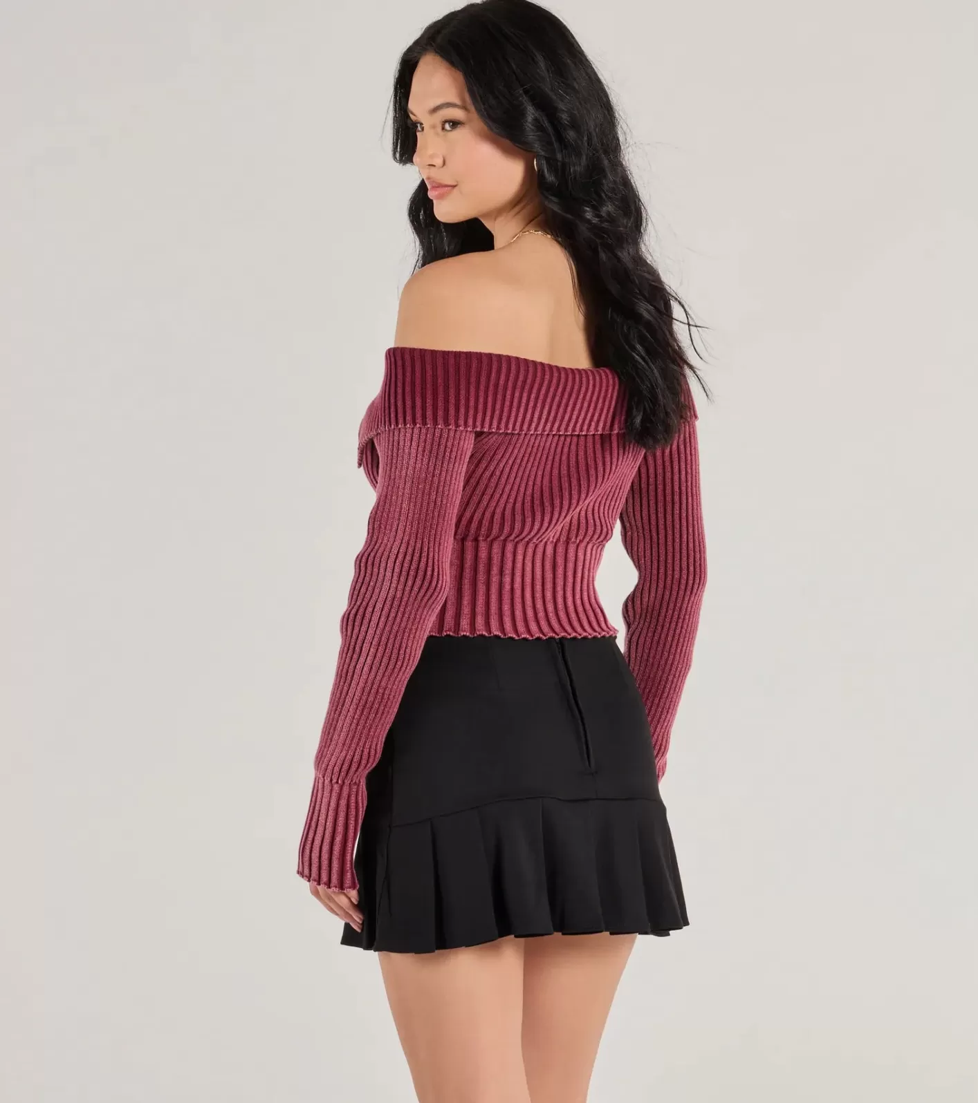 Windsor Trendsetting Style Off-The-Shoulder Cropped Knit Top WINE Shop