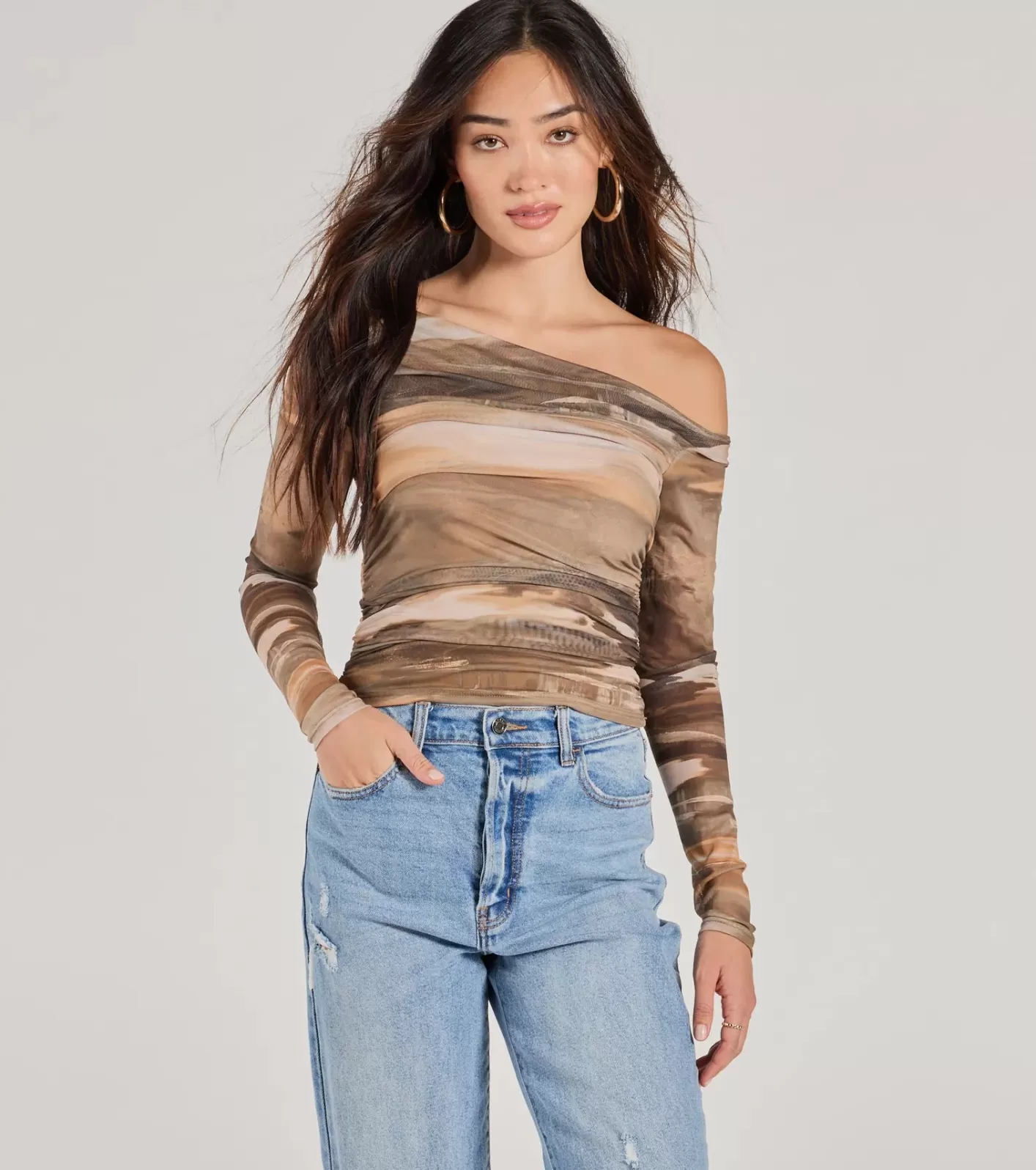 Windsor Trendy Abstract Mesh Off-Shoulder Top MULTI Best