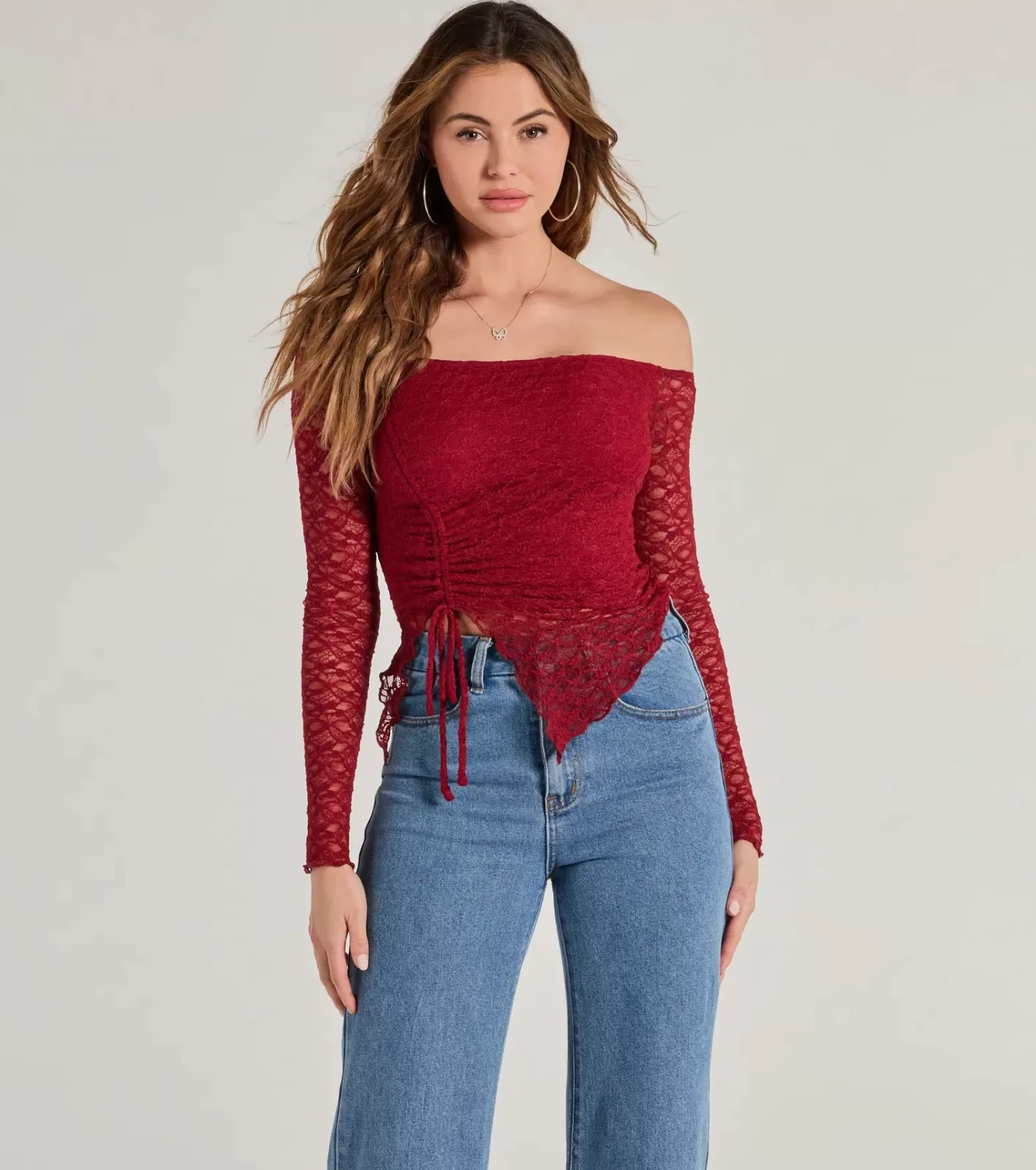 Windsor Trendy Babe Off-The-Shoulder Ruched Lace Top BURGUNDY New