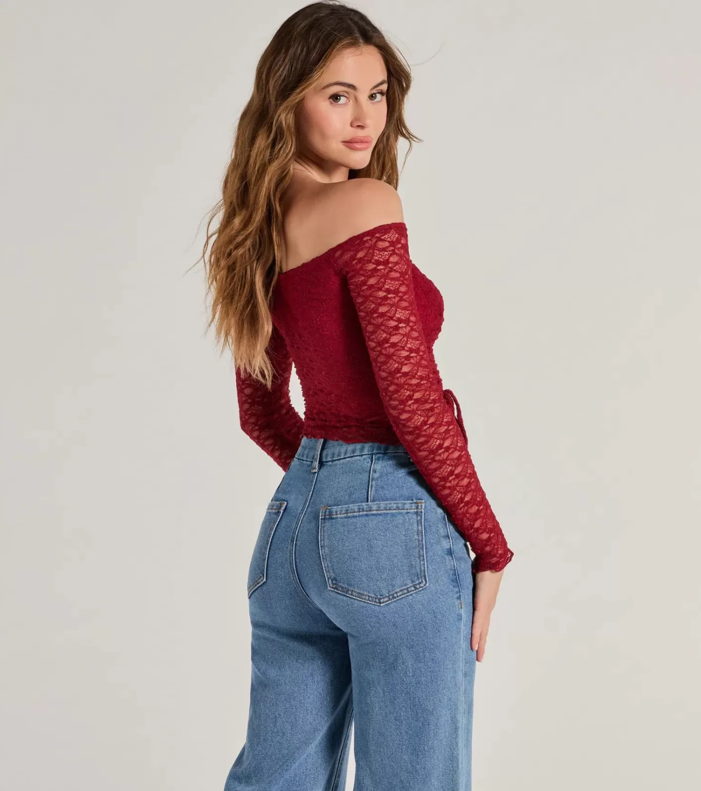 Windsor Trendy Babe Off-The-Shoulder Ruched Lace Top BURGUNDY New