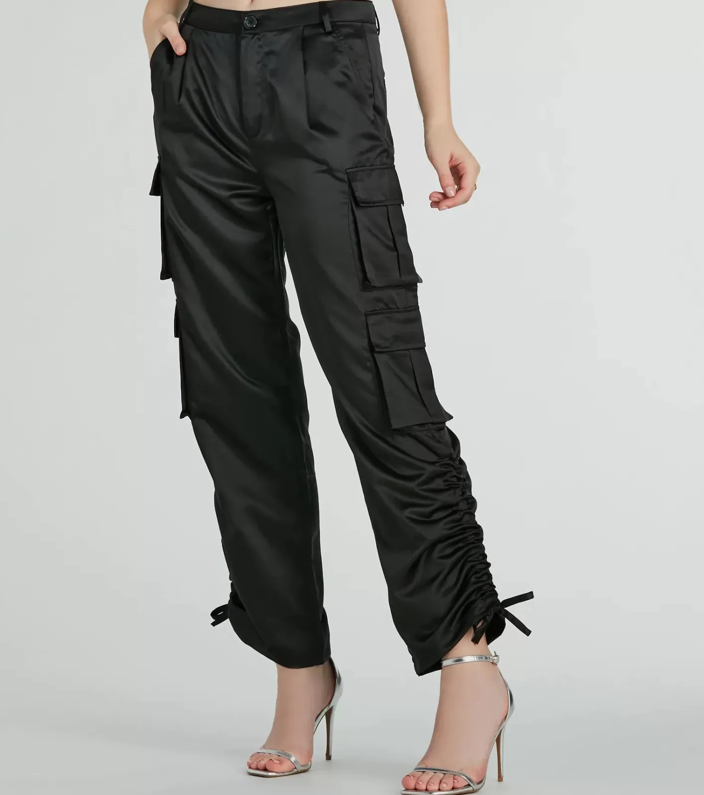 Windsor Trendy Babe Satin Cargo Pants BLACK Hot