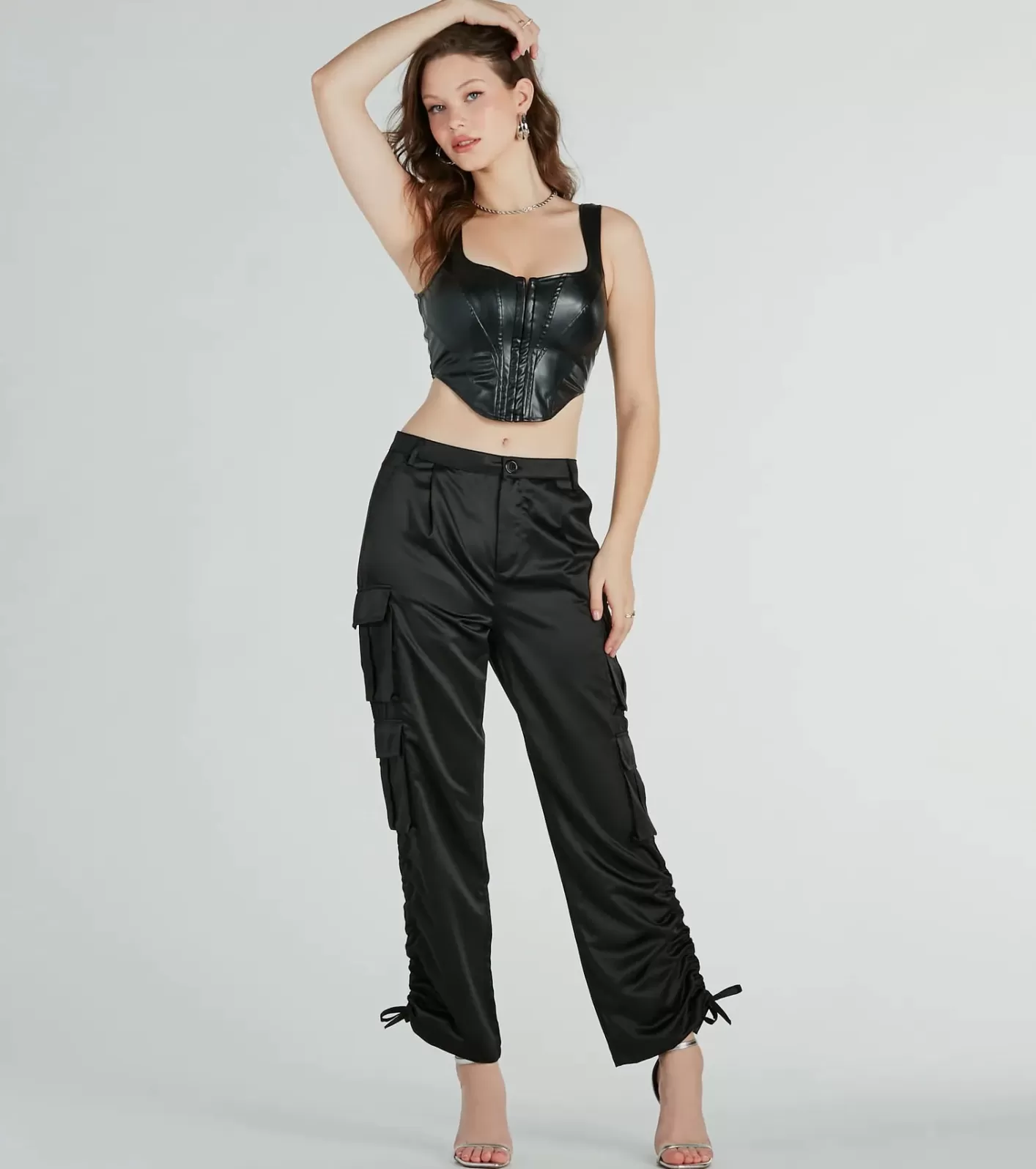 Windsor Trendy Babe Satin Cargo Pants BLACK Hot