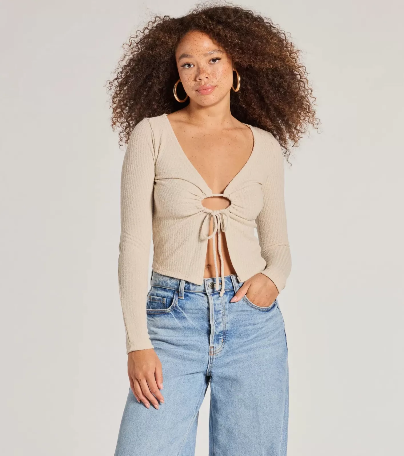 Windsor Trendy Casual Long Sleeve Tie-Front Top NUDE New