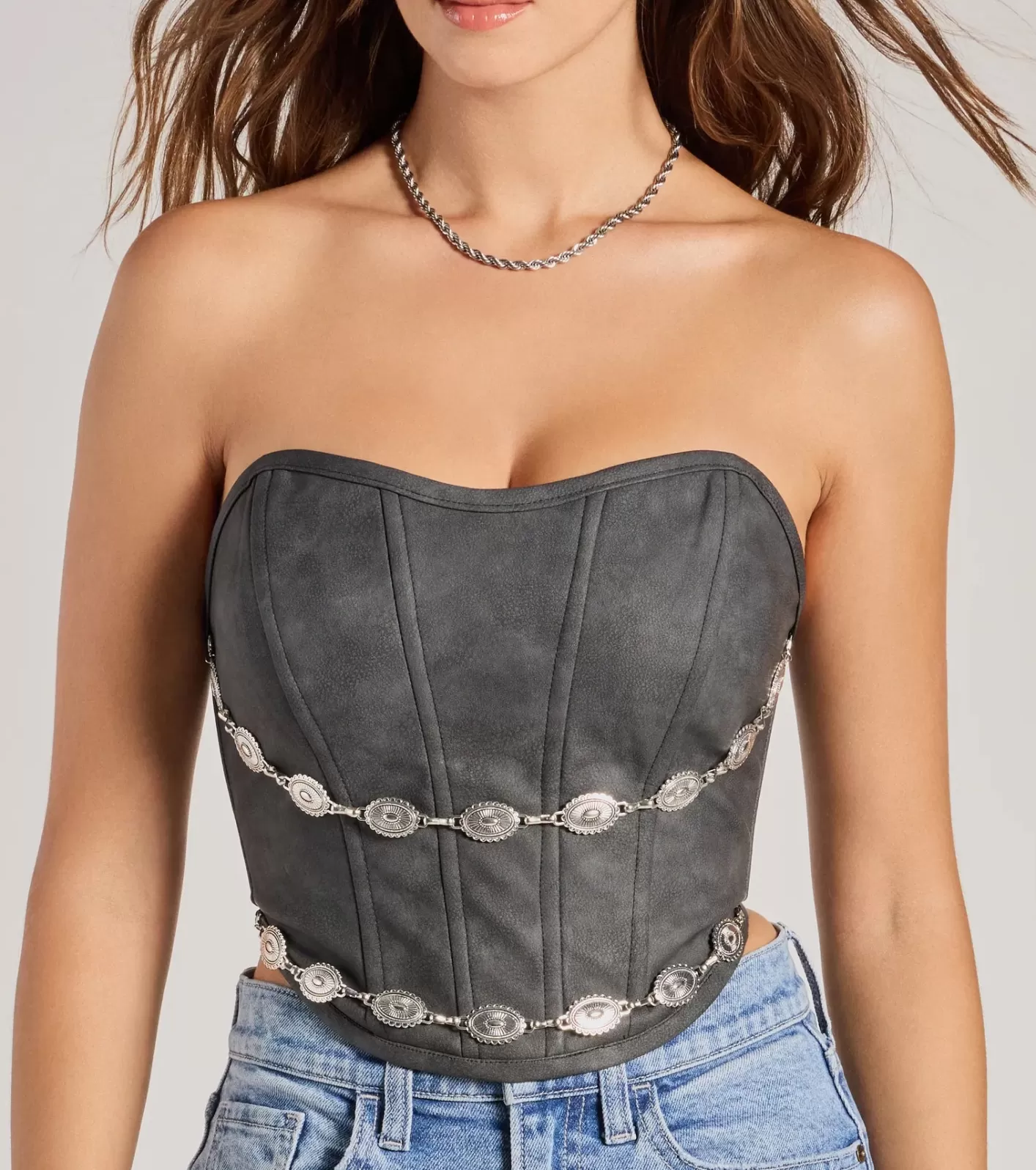 Windsor Trendy Chain Trim Faux Leather Corset Top BLACK Best