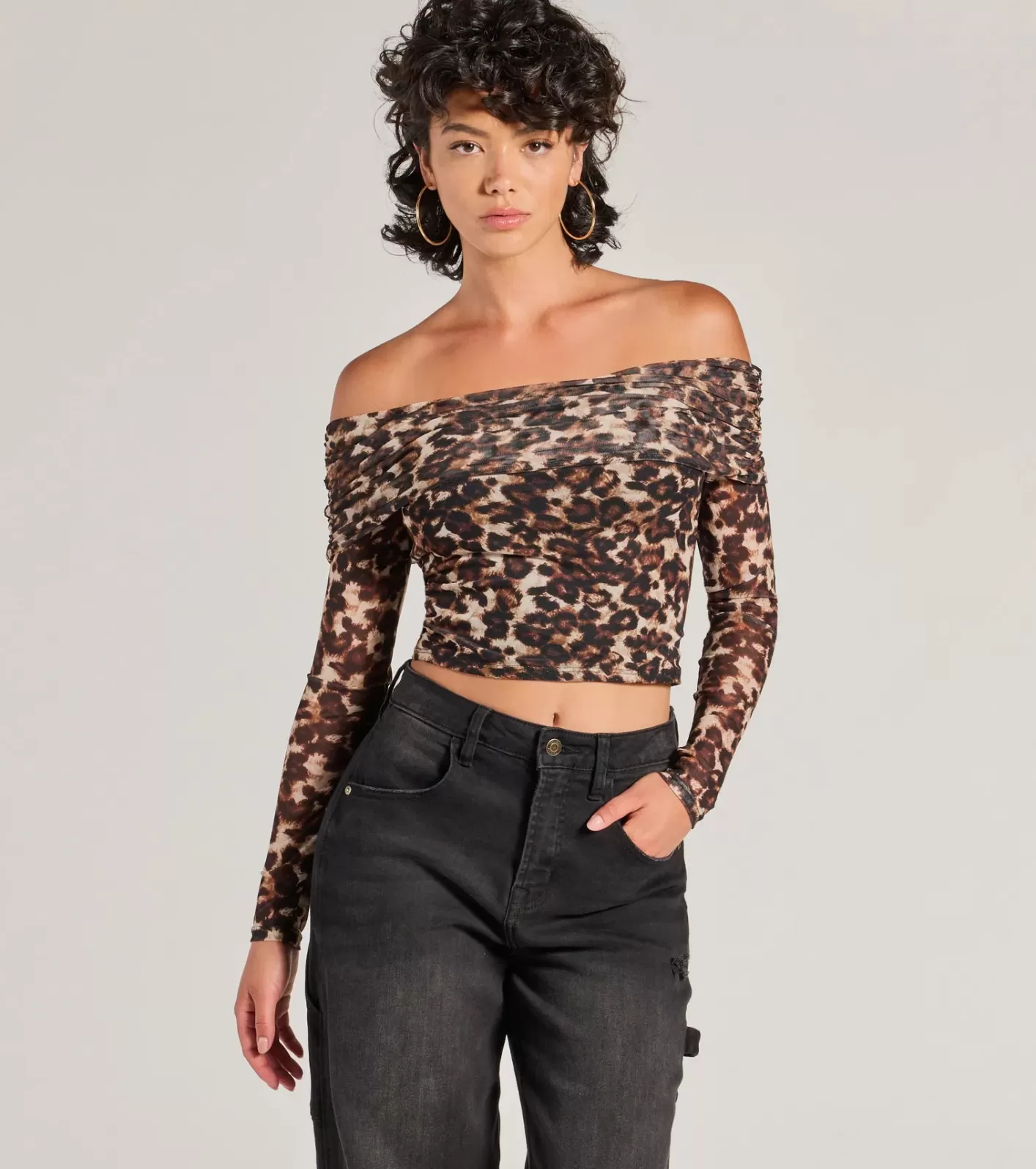 Windsor Trendy Chic Print Mesh Off-The-Shoulder Top LEOPARD Fashion