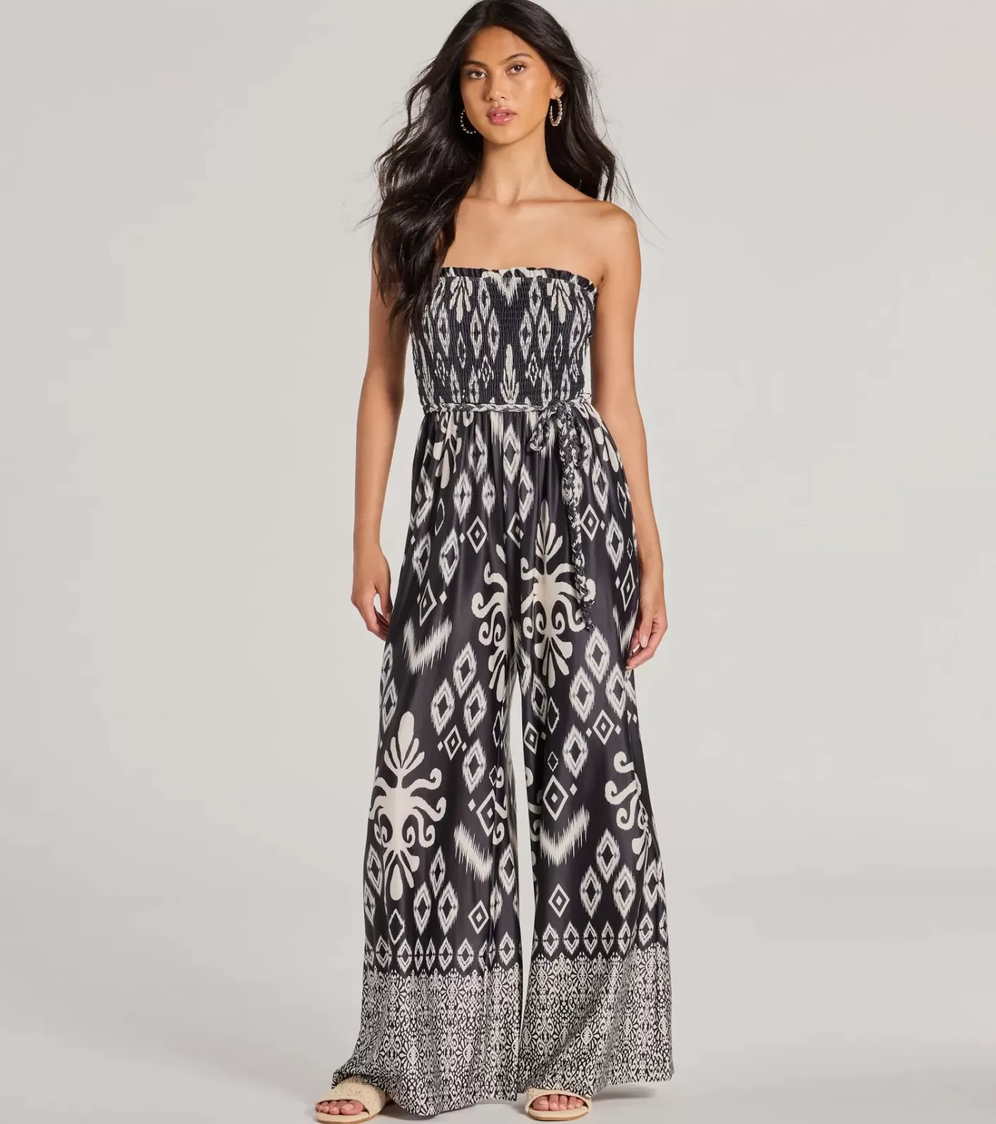 Windsor Trendy Ease Strapless Boho Print Wide-Leg Jumpsuit BLK/WHT New