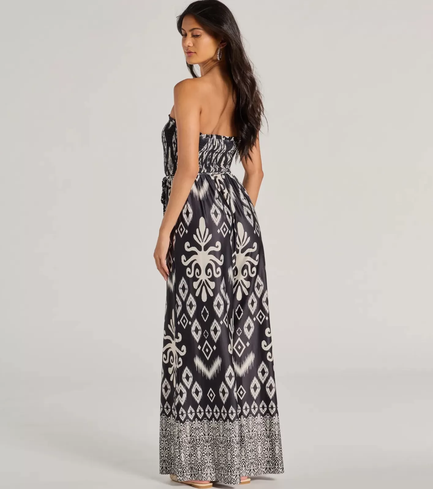 Windsor Trendy Ease Strapless Boho Print Wide-Leg Jumpsuit BLK/WHT New