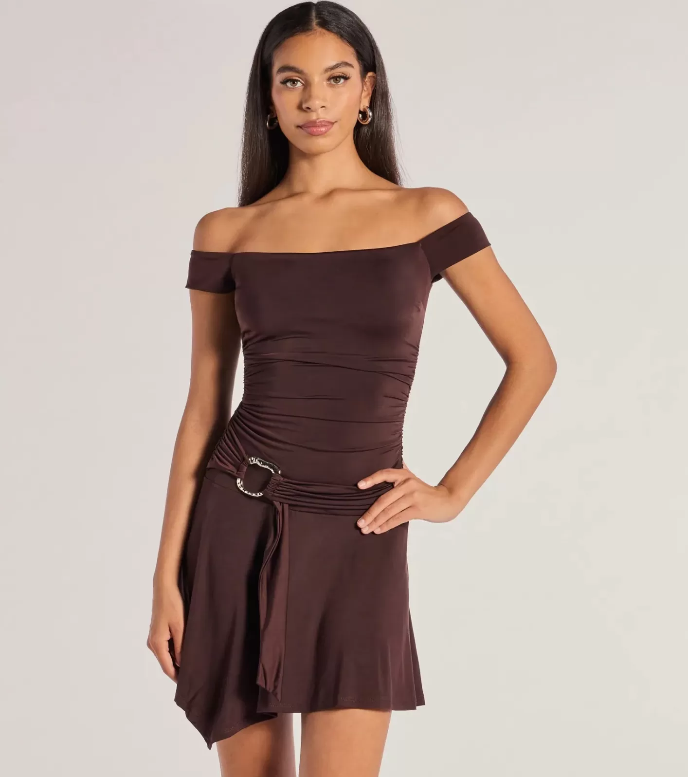 Windsor Trendy Fab Off-The-Shoulder Belted Mini Dress BROWN Online
