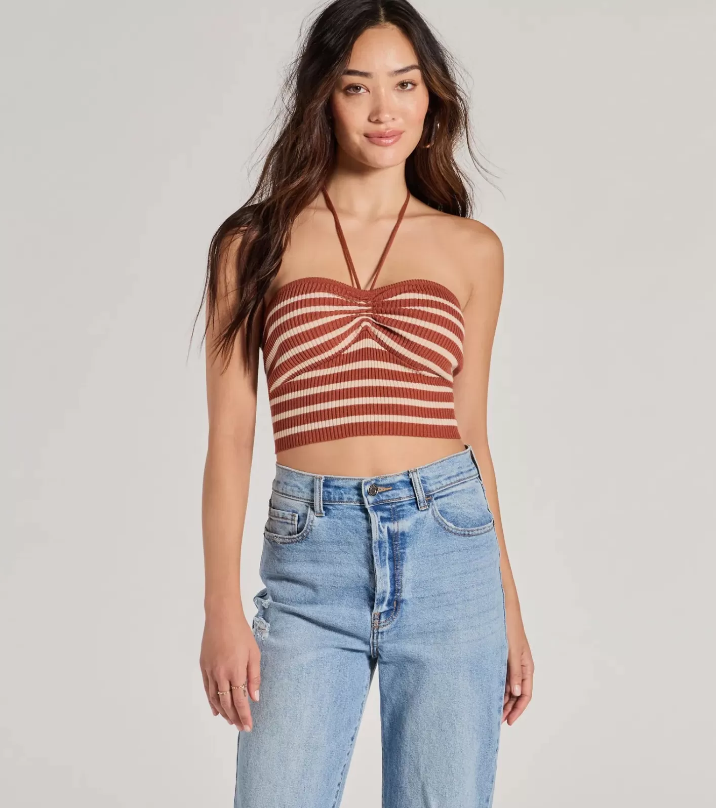 Windsor Trendy In Stripes Halter Rib Knit Crop Top MULTI Sale