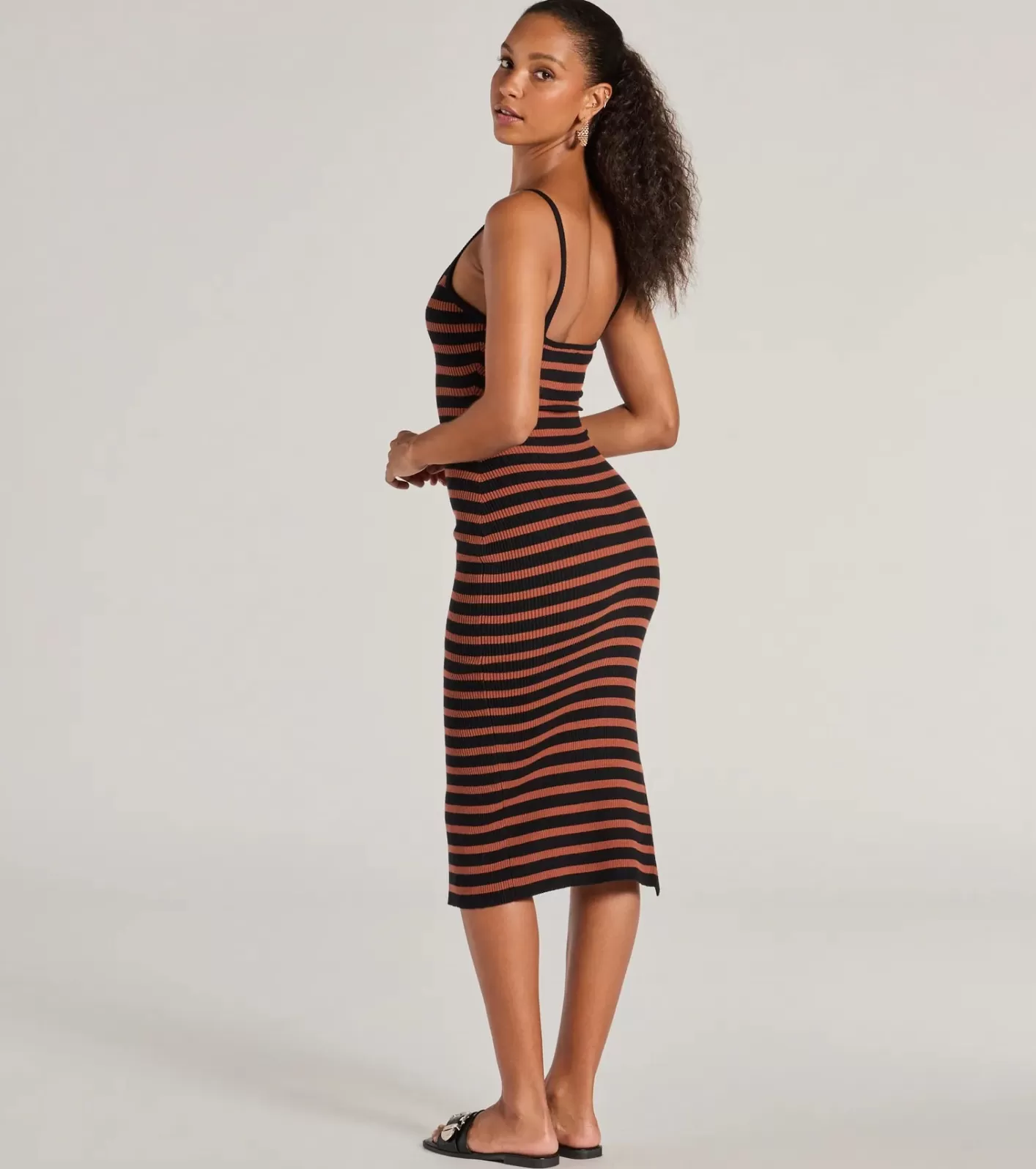 Windsor Trendy Staple Striped Ribbed Knit Midi Dress BLACK Outlet