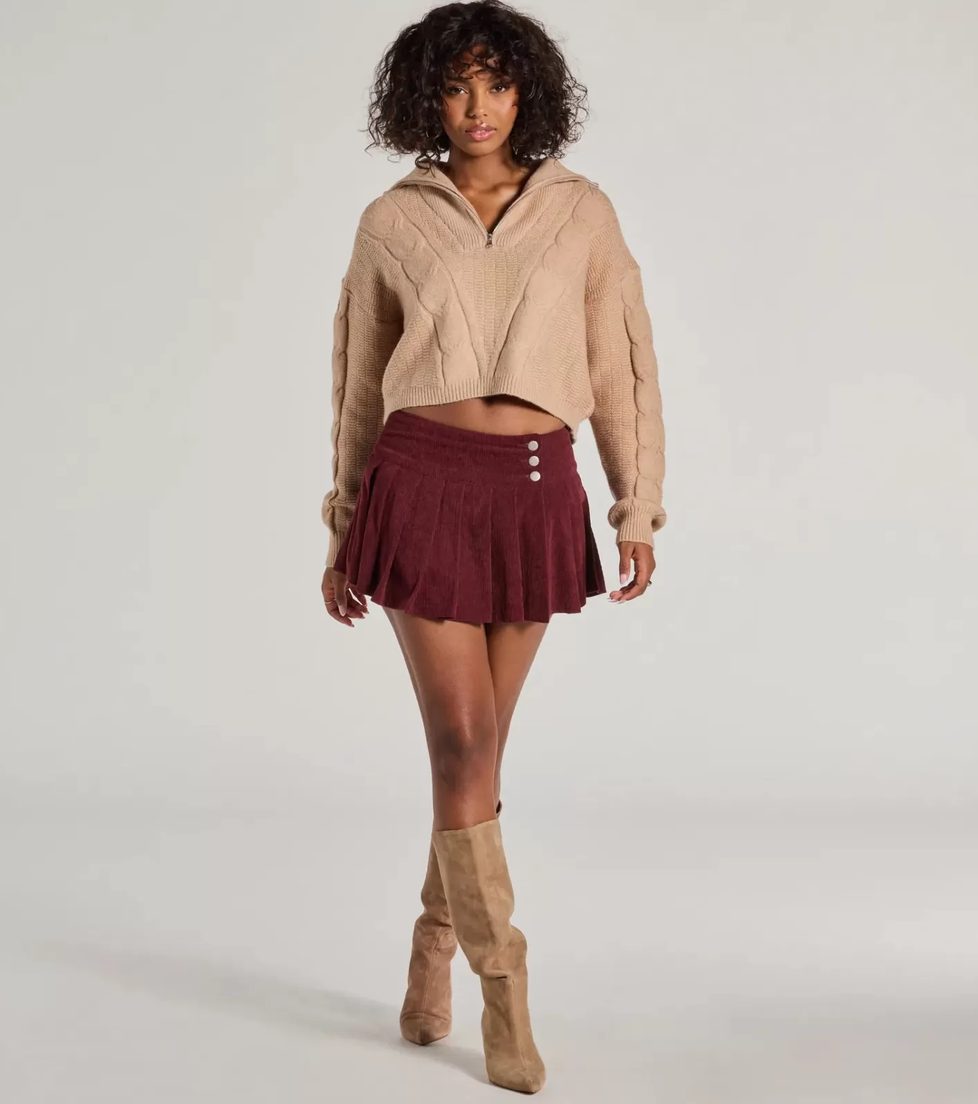 Windsor Trendy Status Corduroy Pleated Drop Waist Mini Skort WINE Outlet